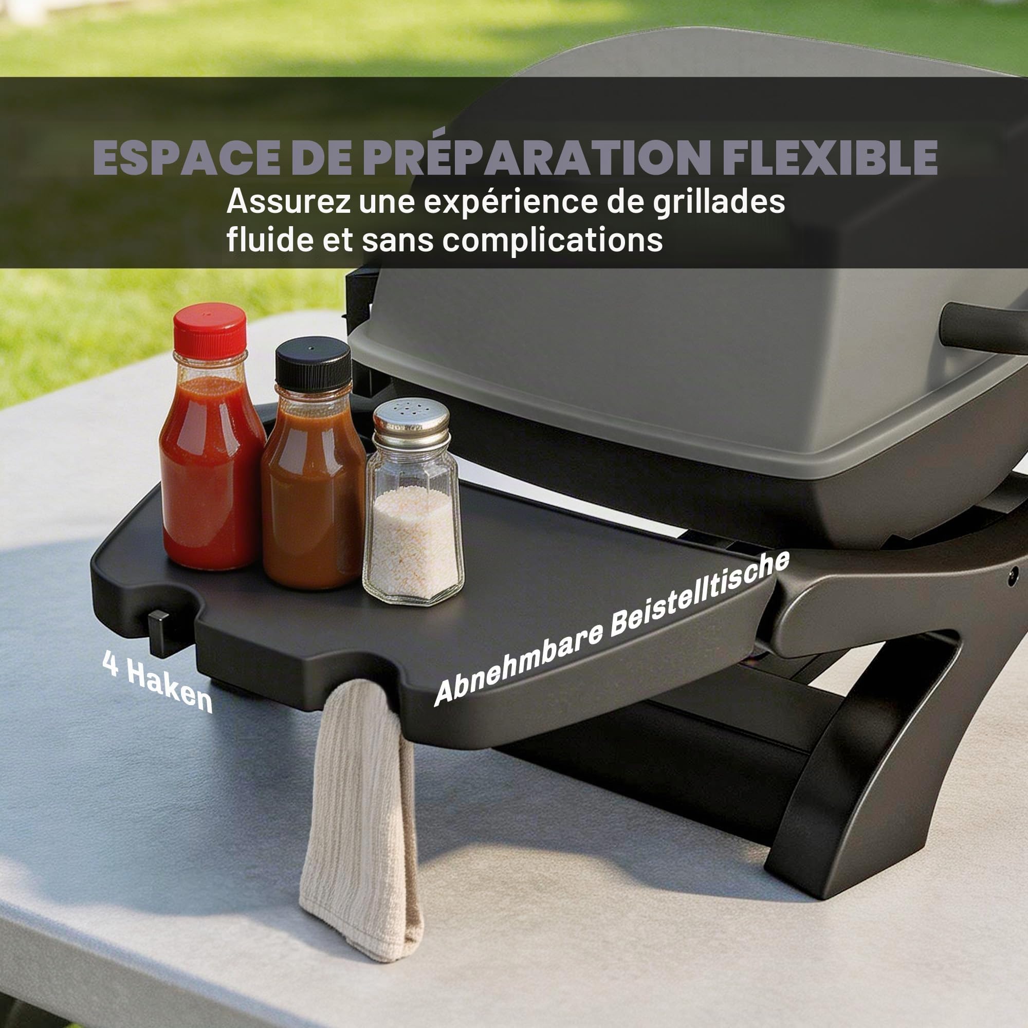 Outsunny Barbecue à gaz portable de 3,3 kW avec 1 brûleur, tables latérales pliables en fonte, grilles de cuisson en fonte, bac récupérateur de graisse, thermomètre, crochet, barbecue à gaz de table