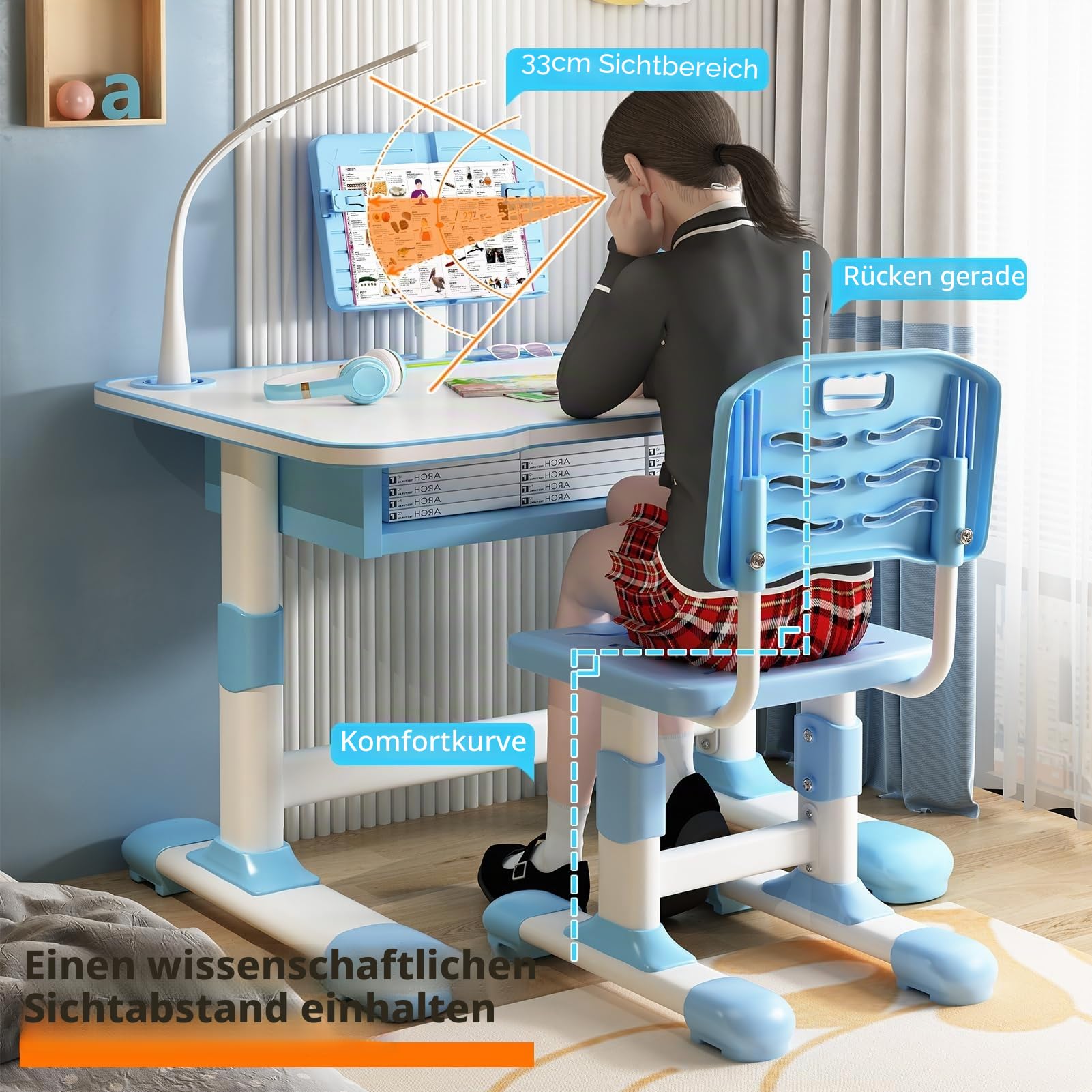 Höhenverstellbarer Schreibtisch und Stuhl für Kinder, höhenverstellbarer Arbeitsschreibtisch mit neigbarem Leseständer, extra breite Schublade, LED-Schreibtischlampe, für Kinder von 3 bis 18