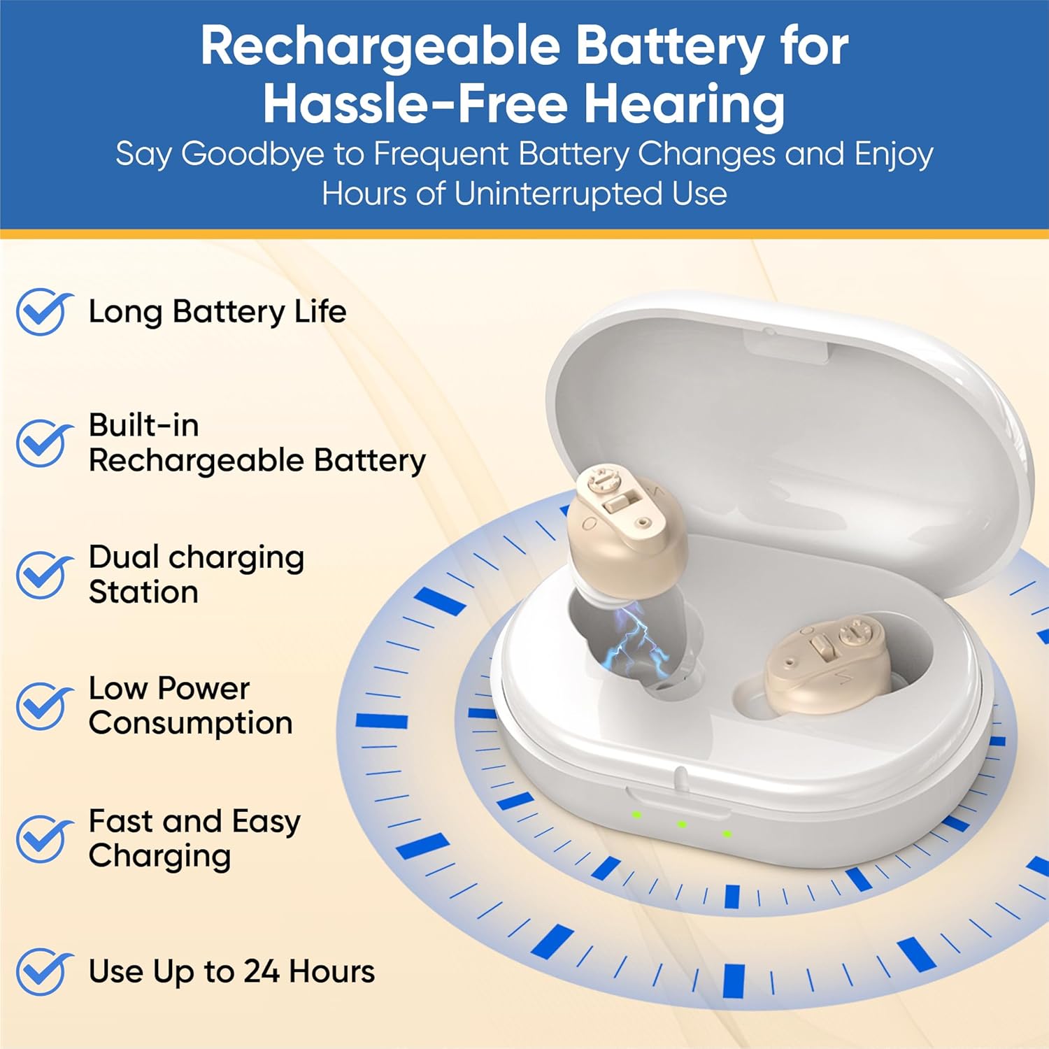 Blue Echo Care hearing aids charging in their case