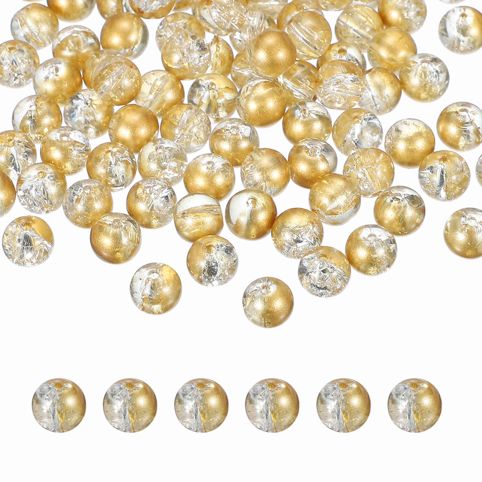 sourcing map 100 Pcs 10mm Crackle Glass Beads for Jewelry Making, Crystal Glass Round Spacer Beads Bulk Loose Bead for DIY Craft Earring Necklace Bracelet Jewelry, Gold