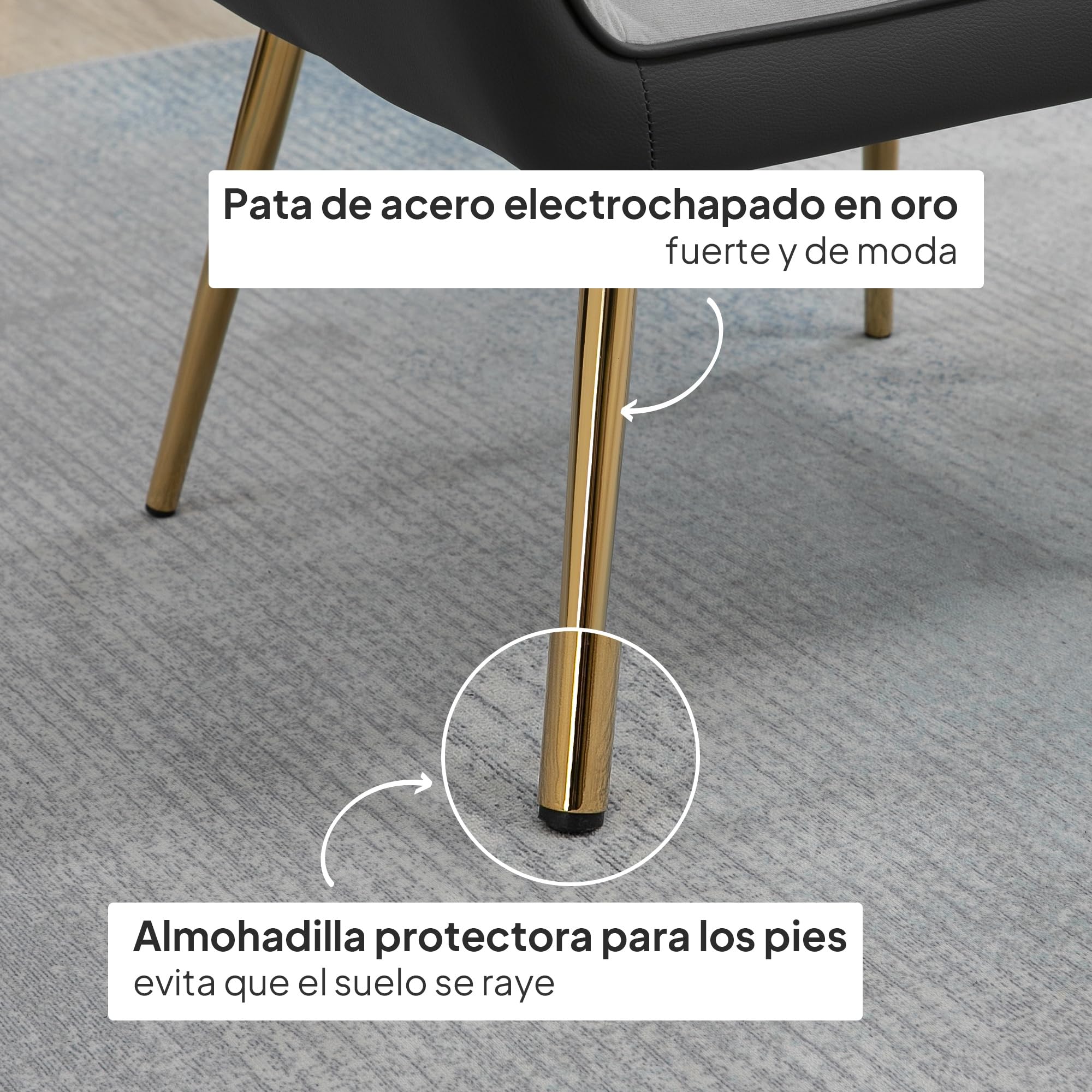 HOMCOM Butaca de Salón Sillón de Salón Tapizado en Cuero Sintético y Terciopelo con Reposabrazos Patas Doradas y Marco de Acero Butaca para Dormitorio Sala de Estar Carga 120 kg Gris
