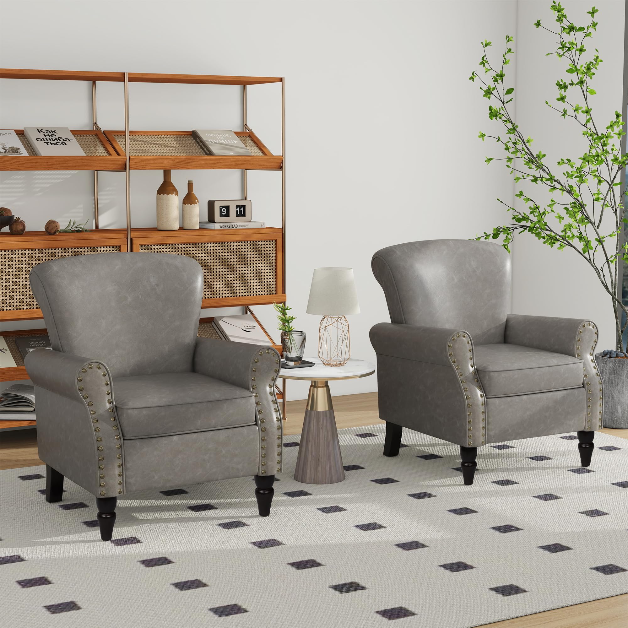 DREAMSIDEA Accent Chair, Mid Century Modern Faux Leather Arm Chair with Wood Leg for Living Room, Bedroom, Comfy PU Leather Club Reading Chairs with