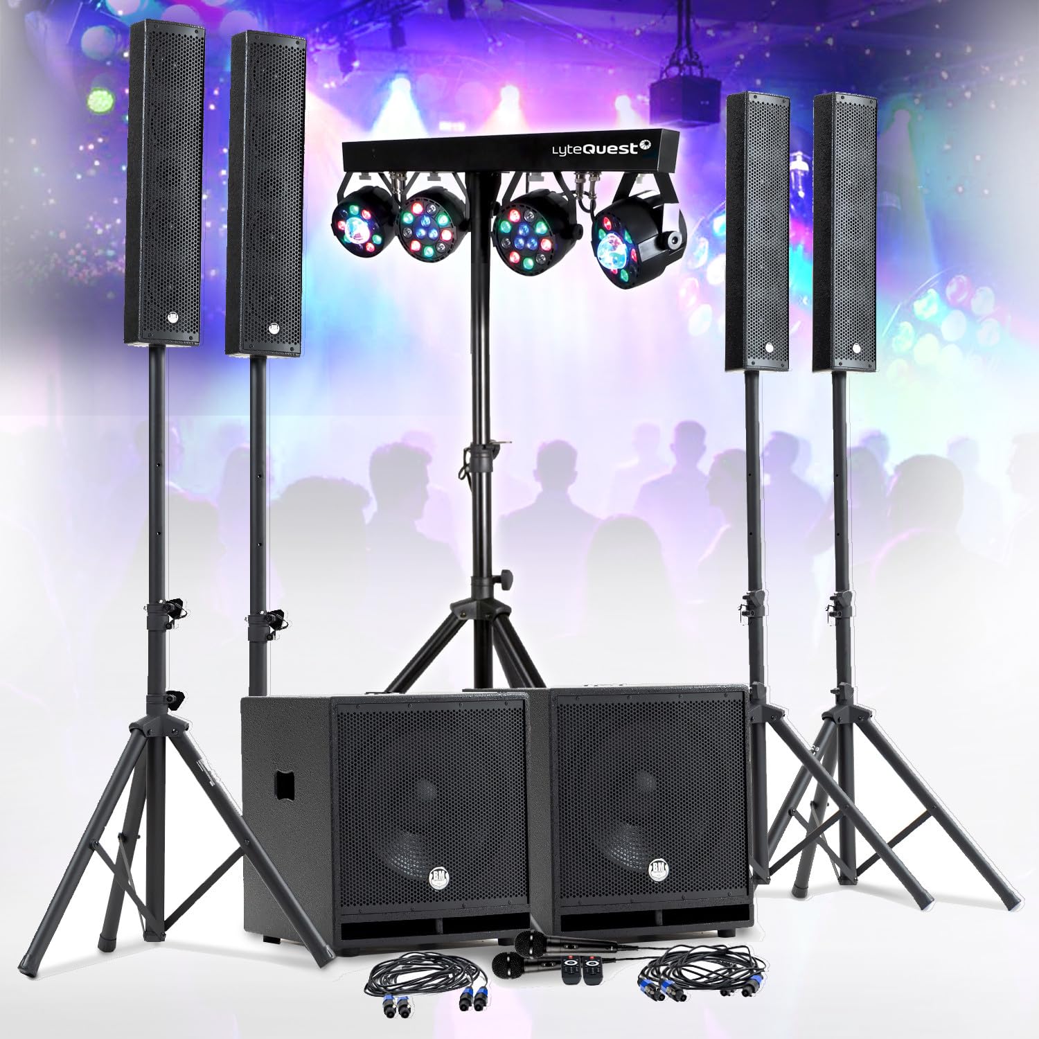 Système Sono Pro Complet 2400W DJ BM Bmsonic, 4 Enceintes Satellites, 2X Méga SUB 38cm USB/Bluetooth, Portique Eclairage Lumières