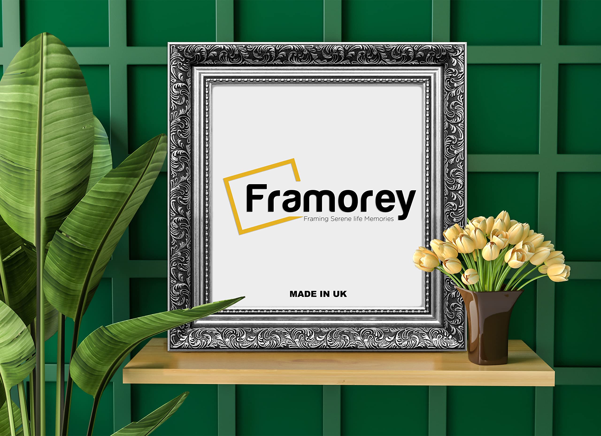 FRAMOREY Square Size Picture Frame, 17x17 Inch Size Silver Photo Frame, Dahlia Ornate Effect Wall Art Poster Frame, Casual Wall Art Frames