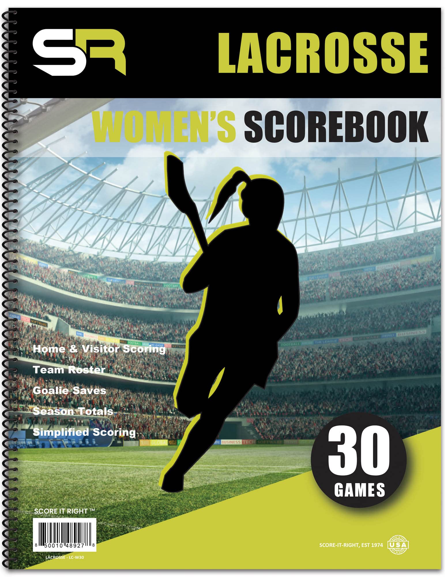 Lacrosse Scorebook – 24-Player Womens Score Keeping Book for 30 Games – Spiral Bound Lacrosse Scorebook with Simplified Scoring Instructions – 9.25 x 12-inch Scorebook Hardcover