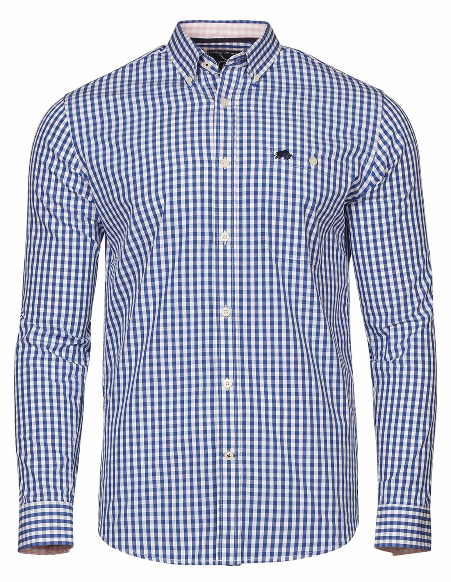 Raging Bull Men's Navy Gingham Classic Long-Sleeved Shirt With Embroidered Logo And Button-Down Neckline, Size M