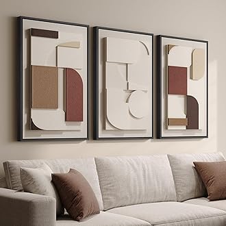 Framed Large 3D Textured Wall Art for Living Room, Brown and Tan Geometric Texture Artwork for Walls, 3 Piece Neutral Modern 3D Sandstone Art Painting for Hallway Office Kitchen Wall Decor, 24x36 Inch