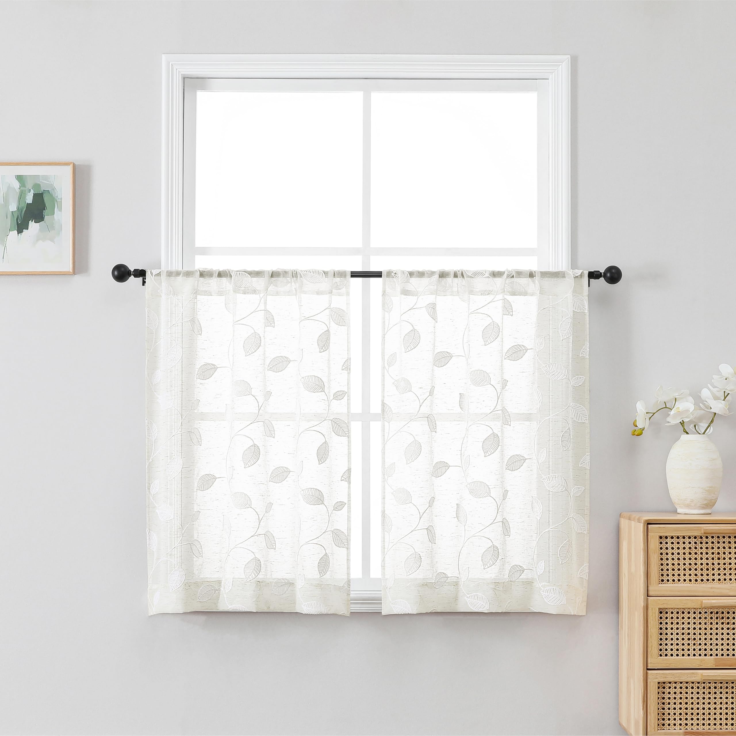 OVZME Sheer Curtains - Embroidered Leaf Drapes -15