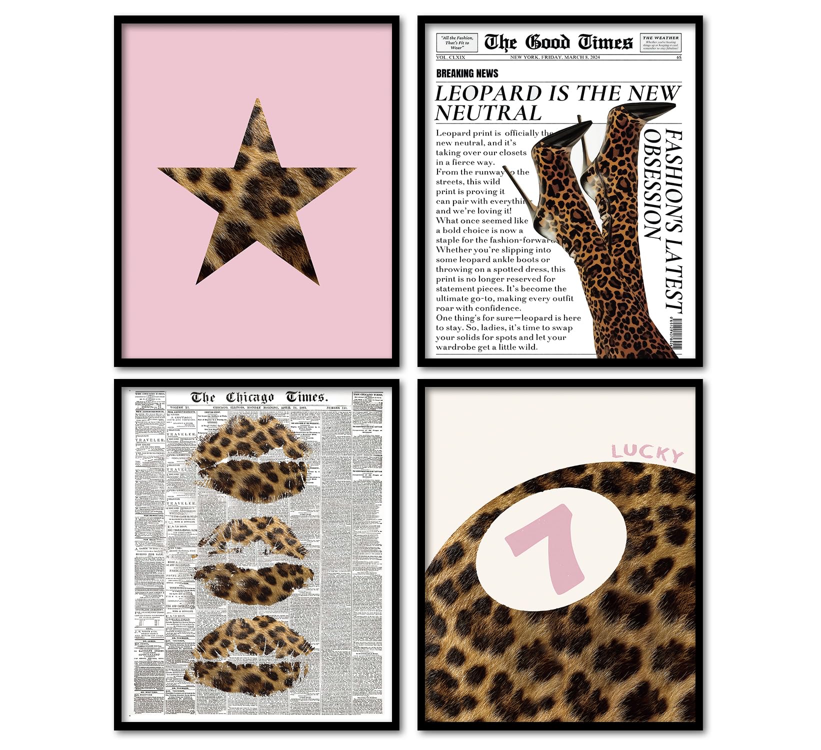 KDHTY Vintage Cheetah Wall Art,Pink and Cheetah Leopard Bedroom Decor,Cheetah Print Room Decor,Pink Aesthetic Preppy Cheetah Wall Art for Girly
