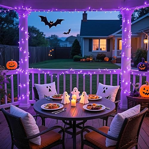 Miniatura 4 de JMEXSUSS Luces moradas de Halloween con cable transparente, 200 luces LED moradas de 66 pies, para interiores y exteriores, impermeables, luces de