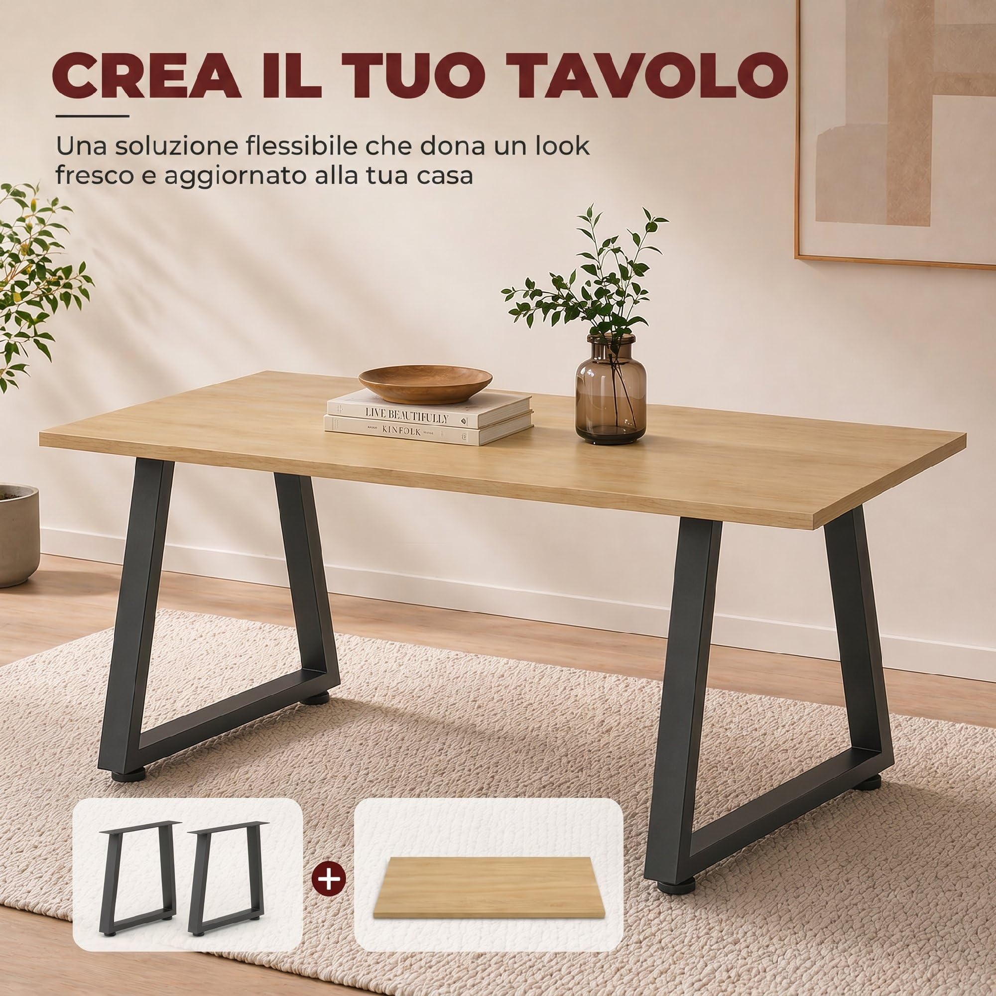 HOMCOM Set 2 Gambe per Tavolo Trapezoidali in Acciaio 60x10x43 cm Nero | Gambe per Mobili, 12 Fori, 12 Viti, 4 Piedini Regolabili, Stile Industriale, Capacità 75 kg, per Panca, Tavolino