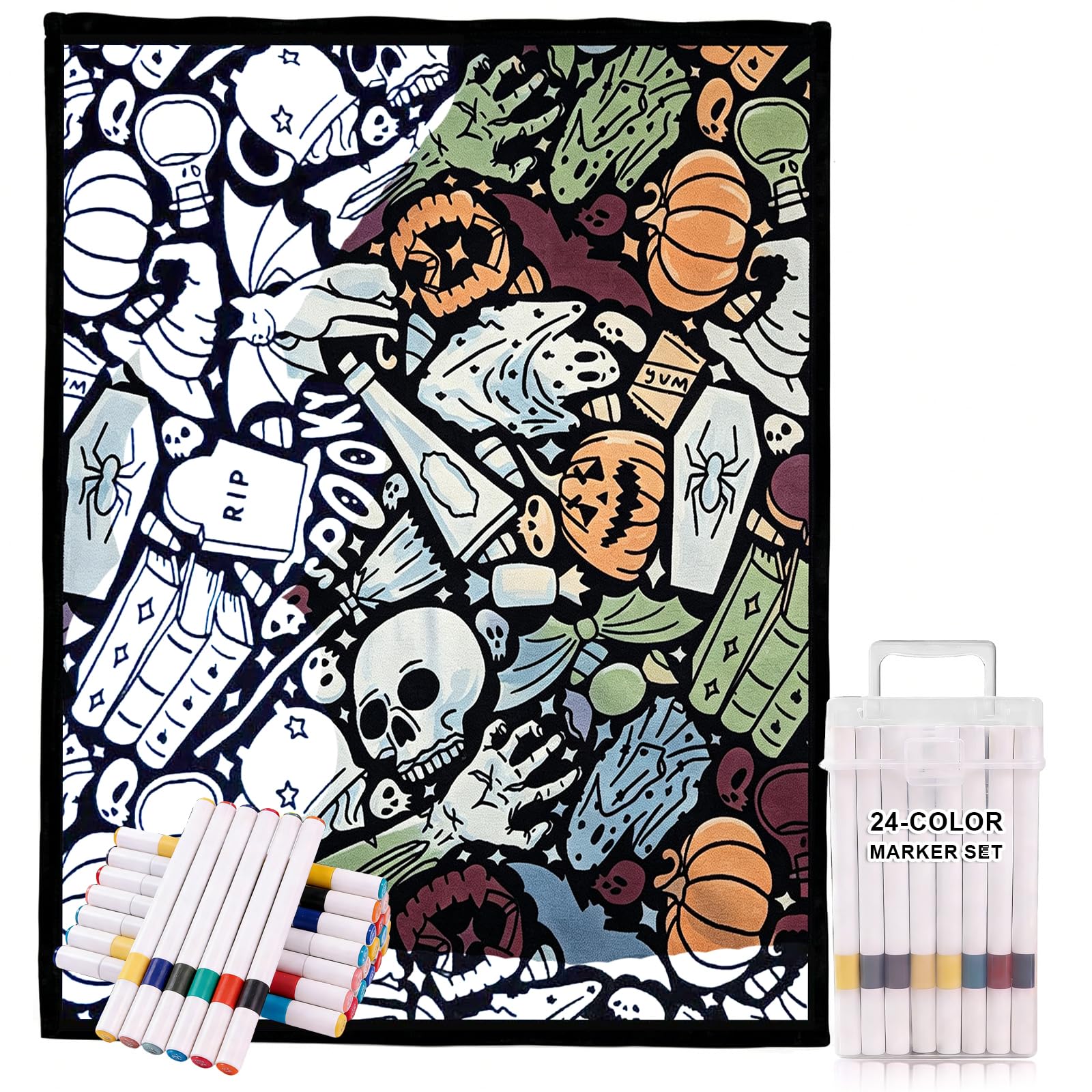 Nocecfi DIY Coloring Blanket with Markers, 150x125cm Large Washable Fleece Throw Soft Cozy Fleece Drawing Throw Creative Colour Your Own Blanket Set Personalized Home Decor Ideal (Animal) (Halloween)