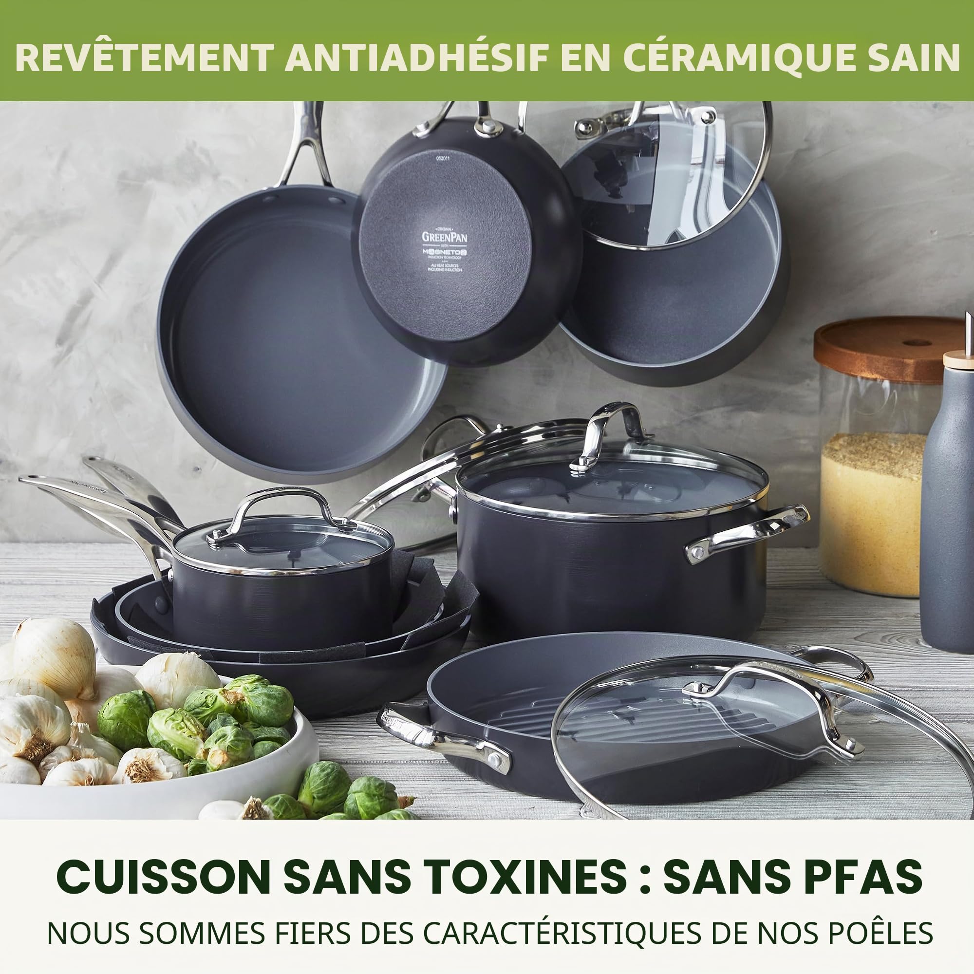GreenPan Valencia Pro Poêle à frire antiadhésive en céramique saine anodisée dure de 20 cm et 26 cm, sans PFAS, induction, lave-vaisselle, four, gris