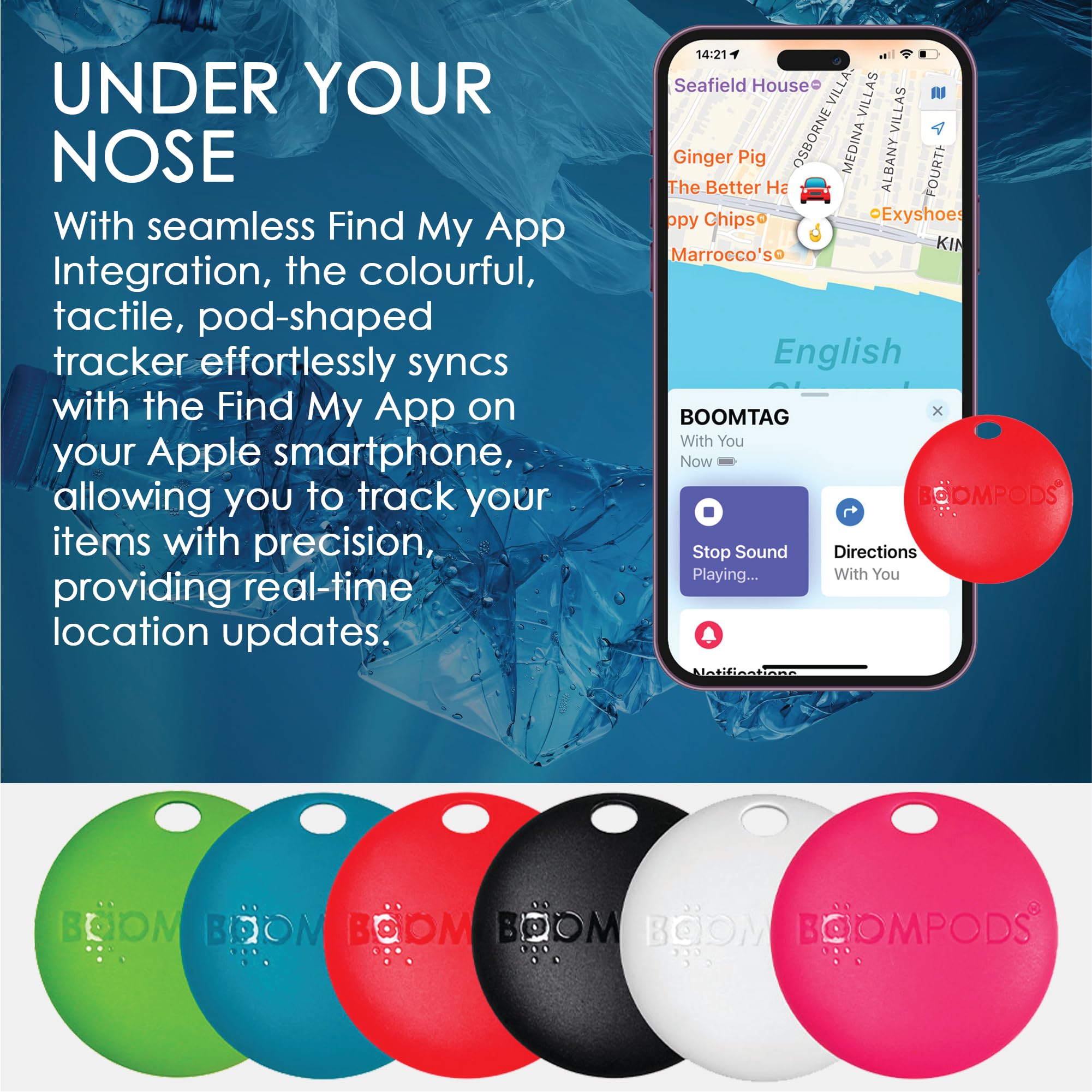 Boompods Boomtag Tracker Tag, Confezione da 4 - Localizzatore Tag Bluetooth compatibile con App Apple Find My, Impermeabile IPX5, Bluetooth Trova Oggetti per Portafogli, Bagagli, Bambini, Animali