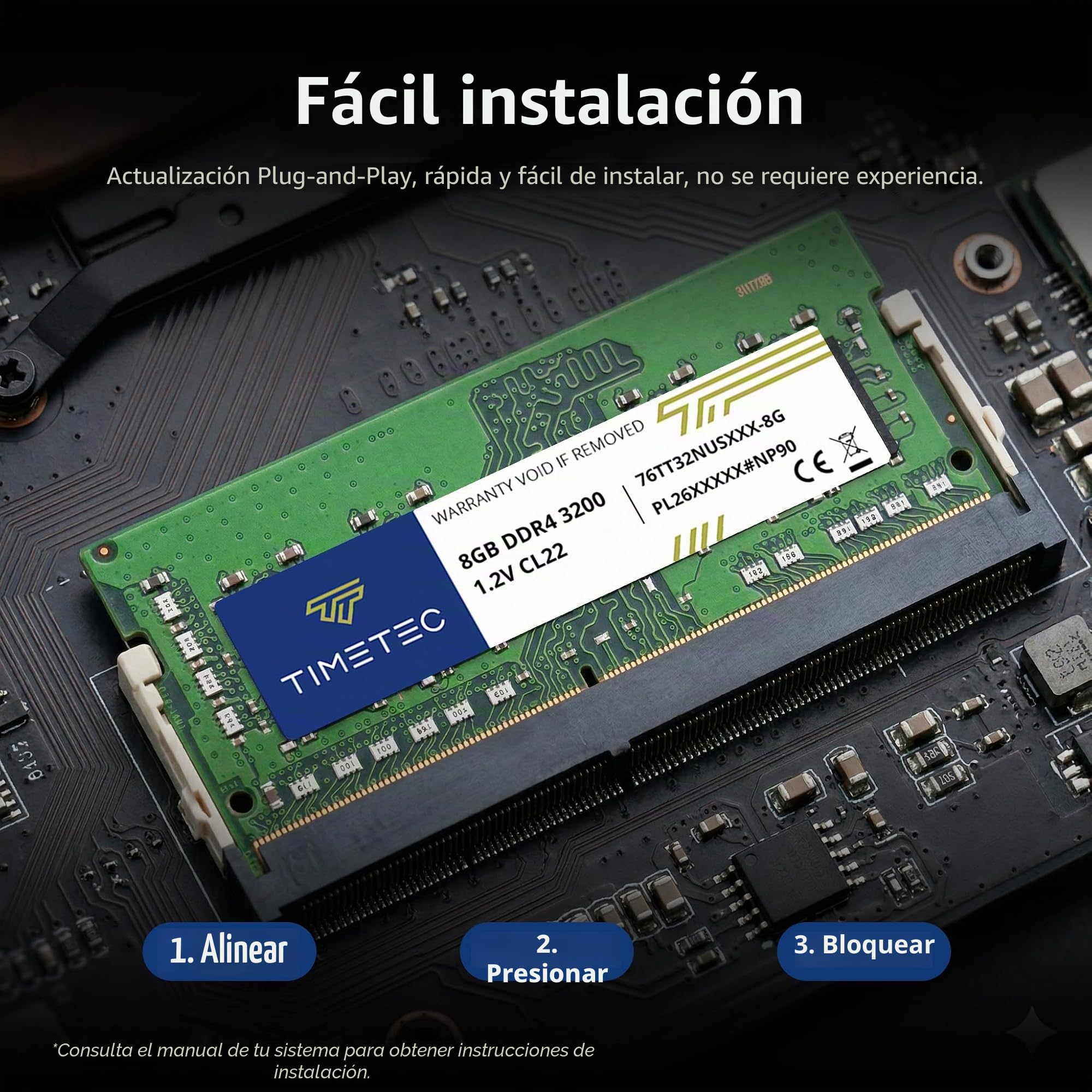 Timetec 8GB DDR4 3200 MHz (PC4-3200AA) PC4-25600 SODIMM – Sin ECC, sin búfer, 260 Pines, 1,2V CL22, módulo de Memoria para portátiles, Mini PC y Ordenadores Todo en uno.