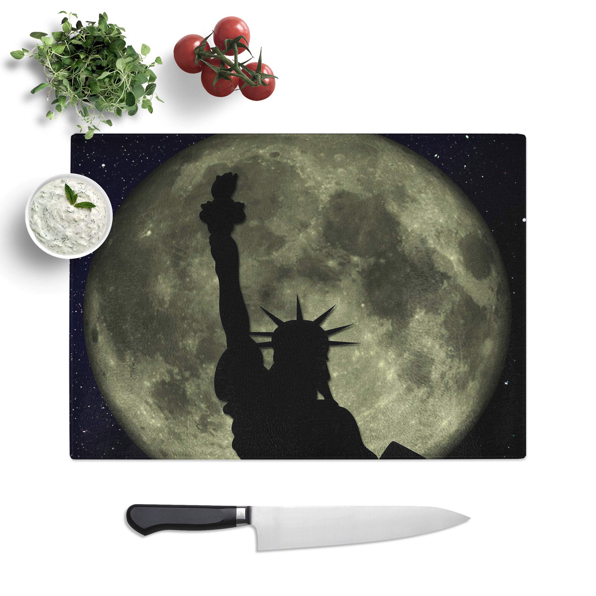 Kitchen Chopping Board Glass - Statue of Liberty Full Moon New York City - Textured Worktop Saver Cutting Board - Heat Resistant, Shatterproof and Hygenic - 28.5 x 20 cm