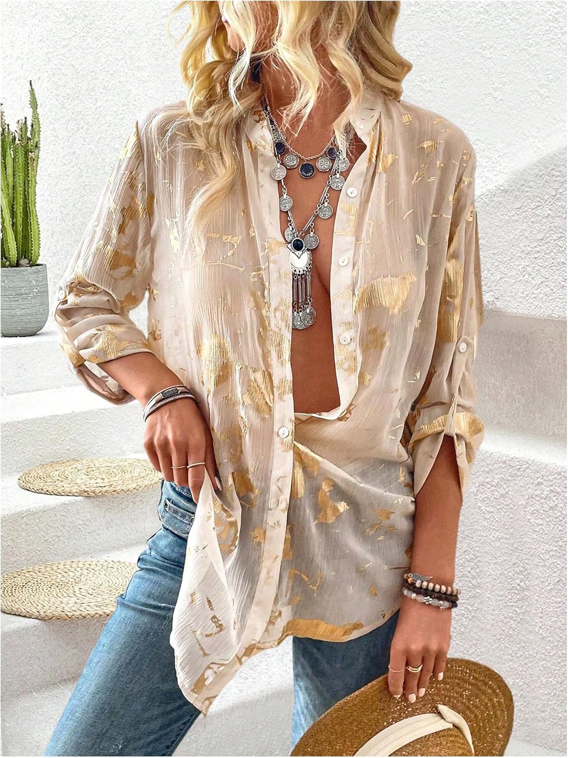 GORGLITTER Women's Sheer Button Down Shirts Long Sleeve Work Office Business Fashion 2026 Dressy Blouse Tops - Image 4