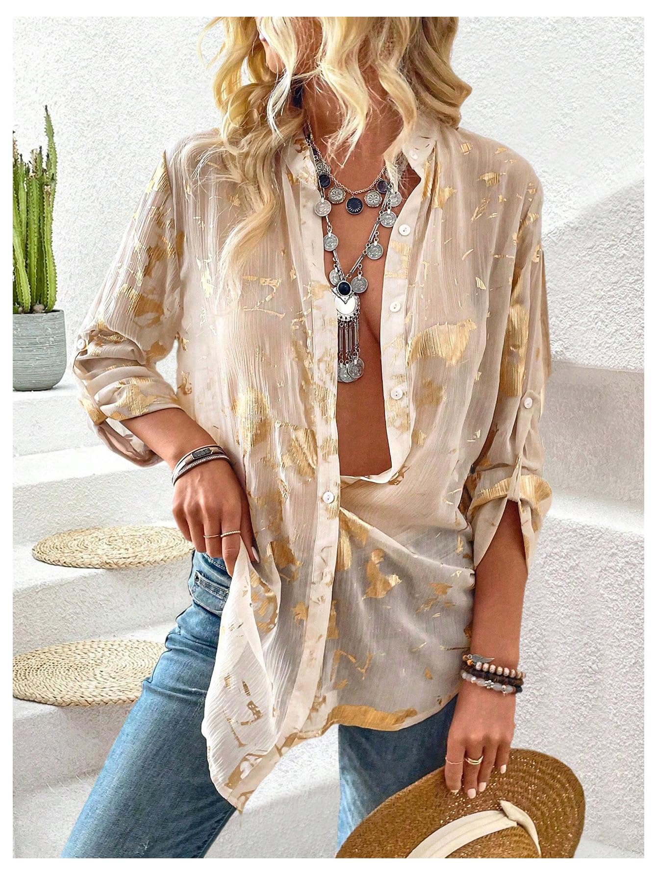 GORGLITTER Women's Sheer Button Down Shirts Long Sleeve Blouse Business Tops