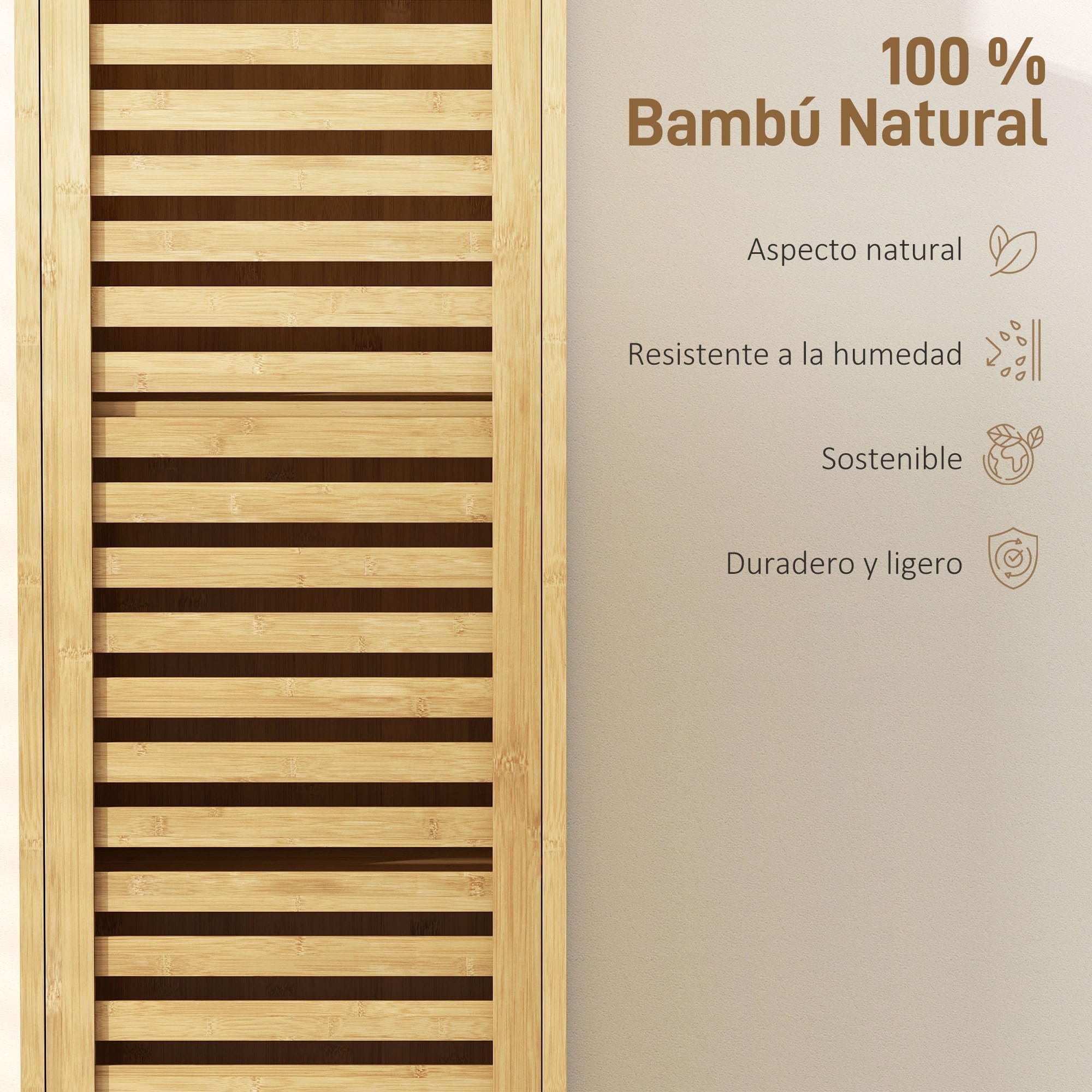 HOMCOM Armario de Baño de Bambú, Mueble Auxiliar, 34x30x170 cm Natural | Columna de Baño Estrecha, Estante Abierto, Puerta de Lamas, Estante Ajustable