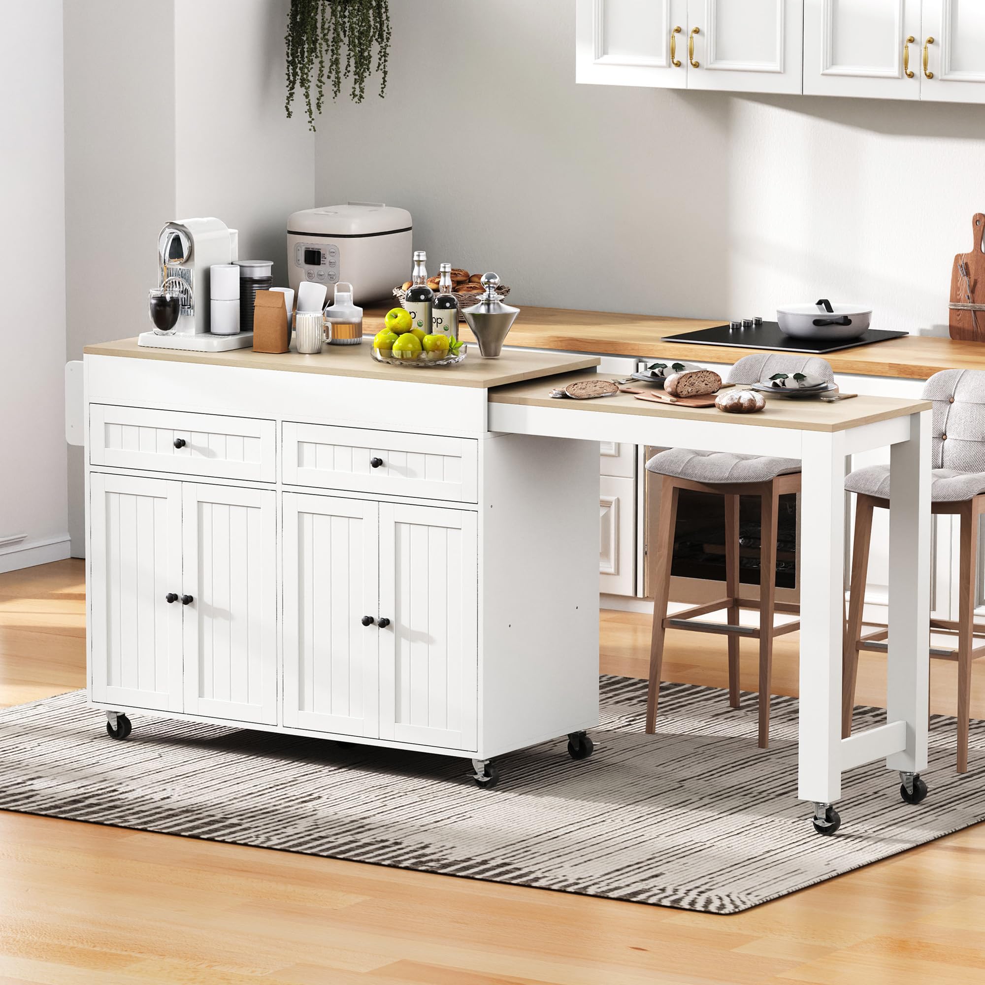 Îlot de cuisine sur roulettes avec 2 tiroirs, 4 portes, plan de travail extensible, table de bar extensible avec espace de rangement, table extensible, pour 2 à 6 personnes, chariot de cuisine