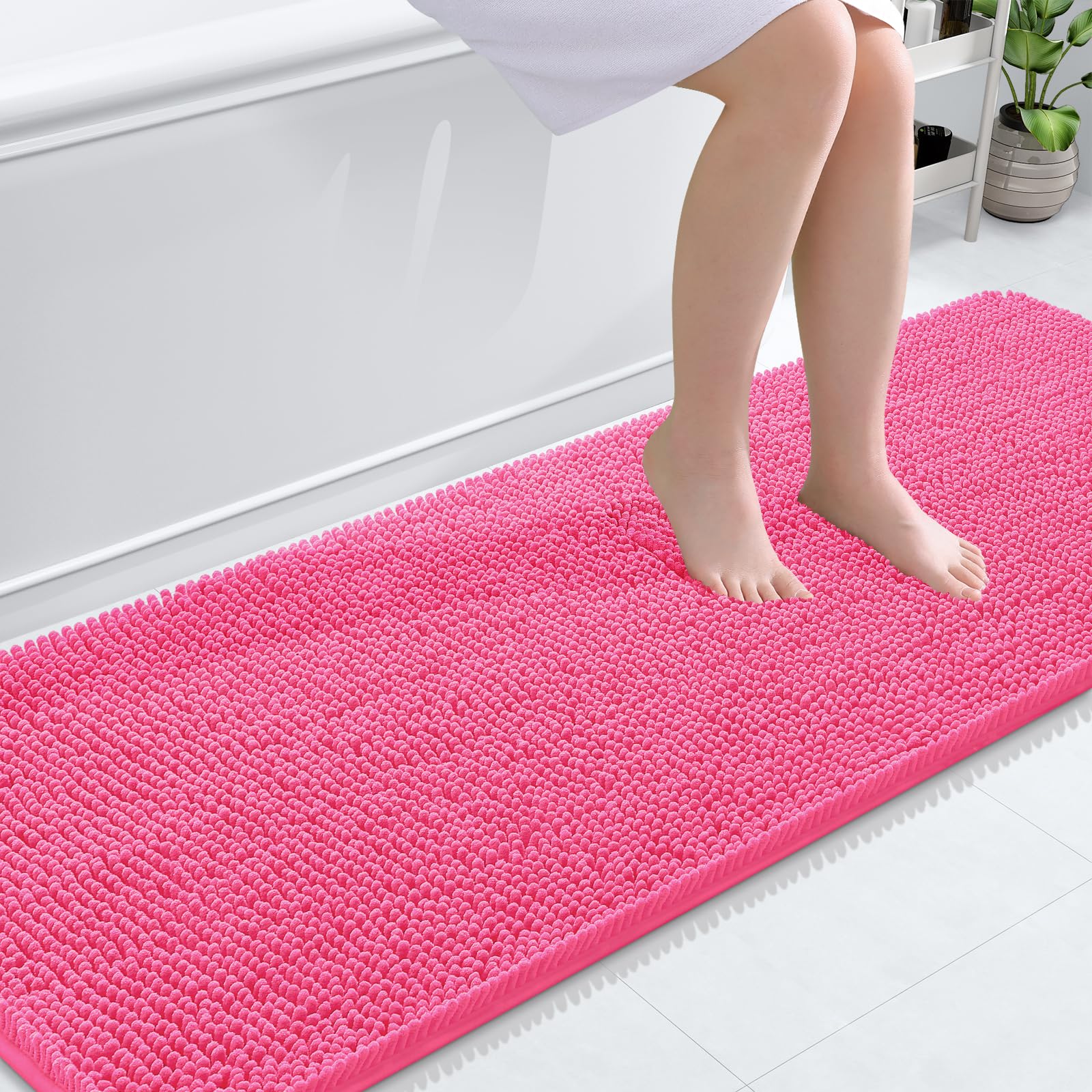 OLANLY Bathroom Runner Rugs 70x24, Extra Soft Absorbent Chenille Bath Rugs | Hot Pink, Quick-Drying Rubber Backing, Washable Long Bath Mat for Bathroom Floor, Tub and Shower, Home Decor Accessories