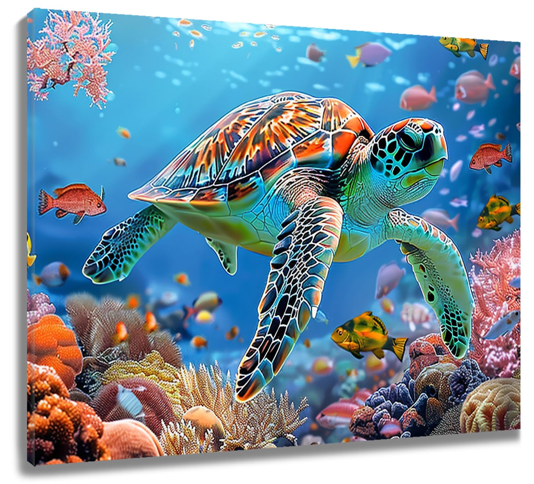 LB Sea Turtle Wall Art Tropical Fish Colorful CoralBlue Ocean Animal Canvas Prints Wall Art for Living Room Bathroom Bedroom Dorm Wall Decor,16Wx12H inch Wooden Framed โ image 1