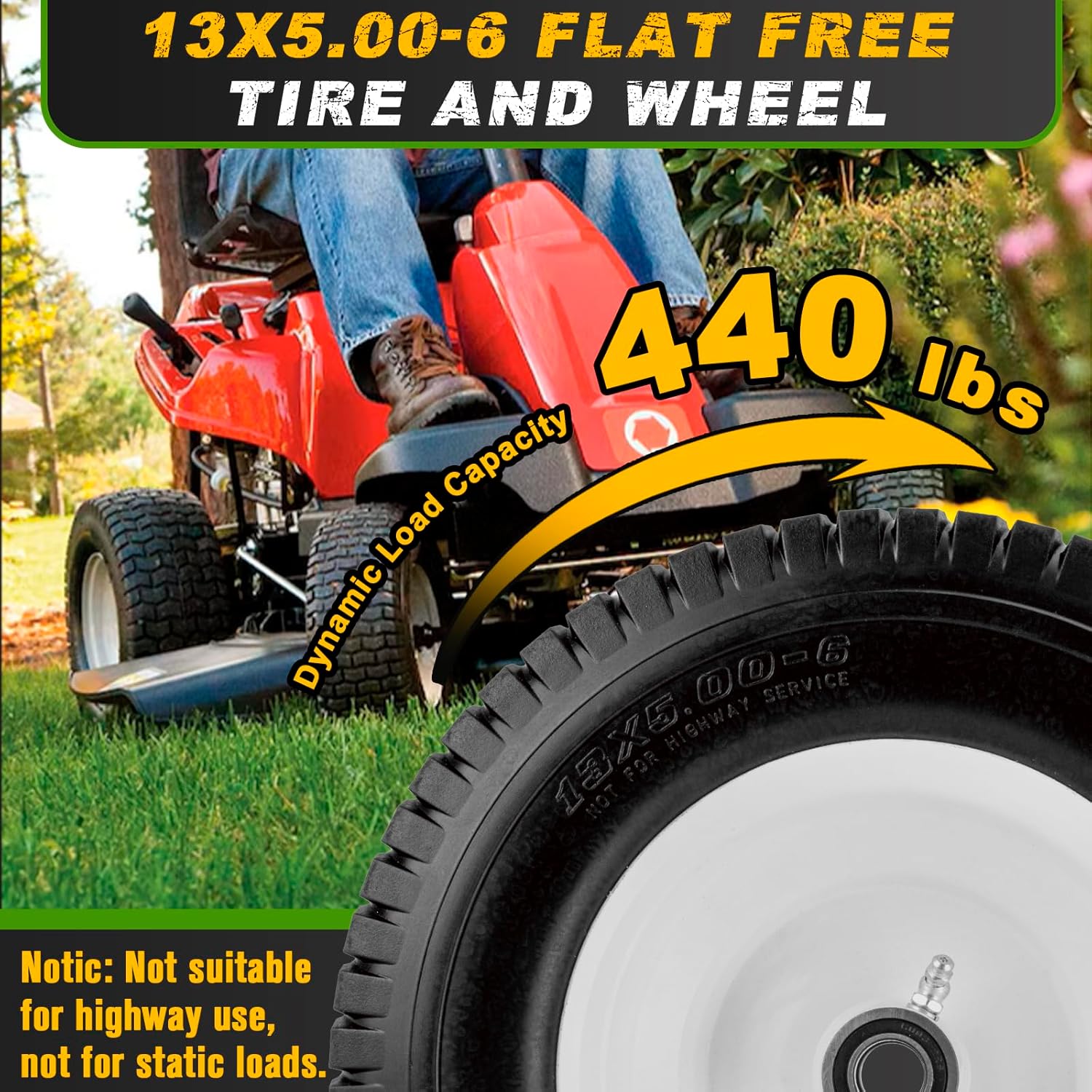 13x5.00-6 Flat Free Tire and Wheel with 3/4" & 5/8" Bearings – 2 Pack 13x5x6 Solid Rubber Lawn Mower Tires for Riding Lawn Mower Tires and Wheel with 3" Centered Hub