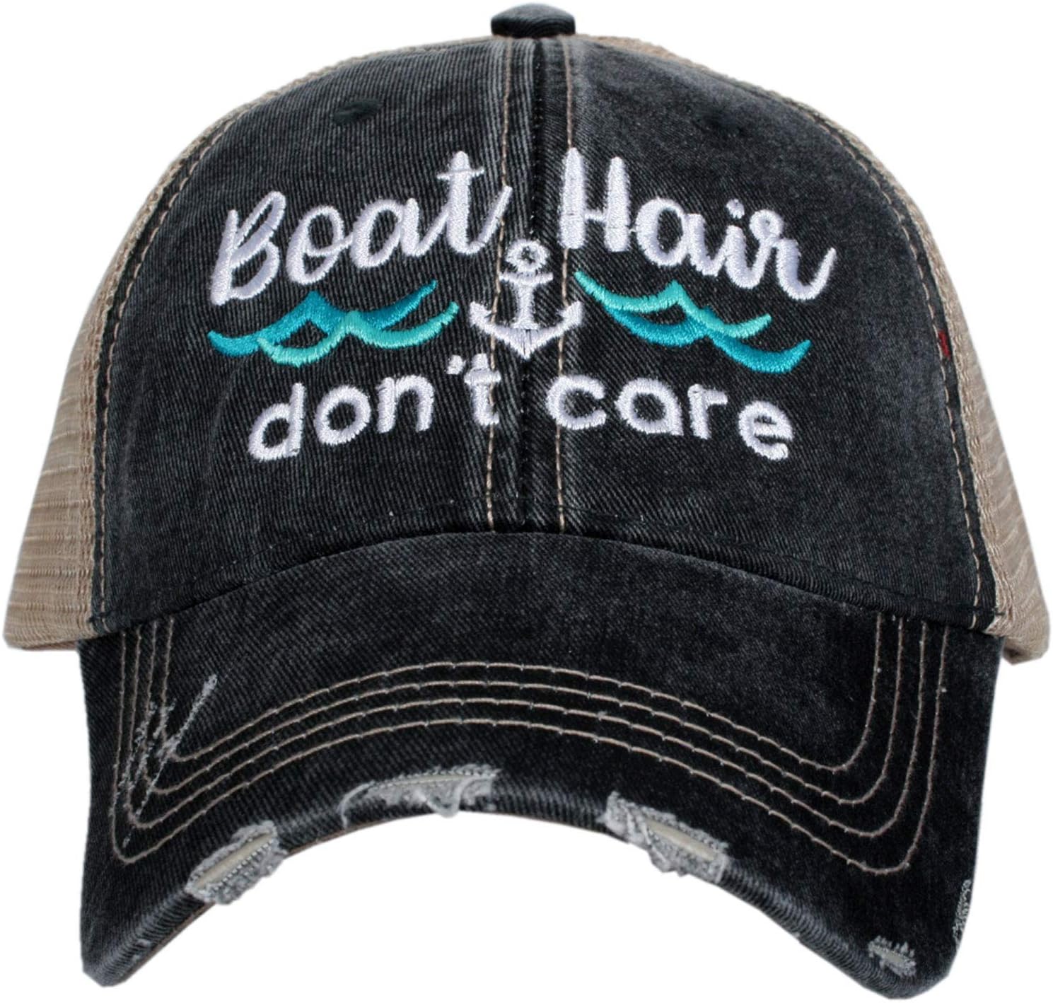 KATYDID Boat Hair Don’t Care Baseball Cap - Trucker Hat for Women - Stylish Cute Sun Hat (Black/Mint Waves)