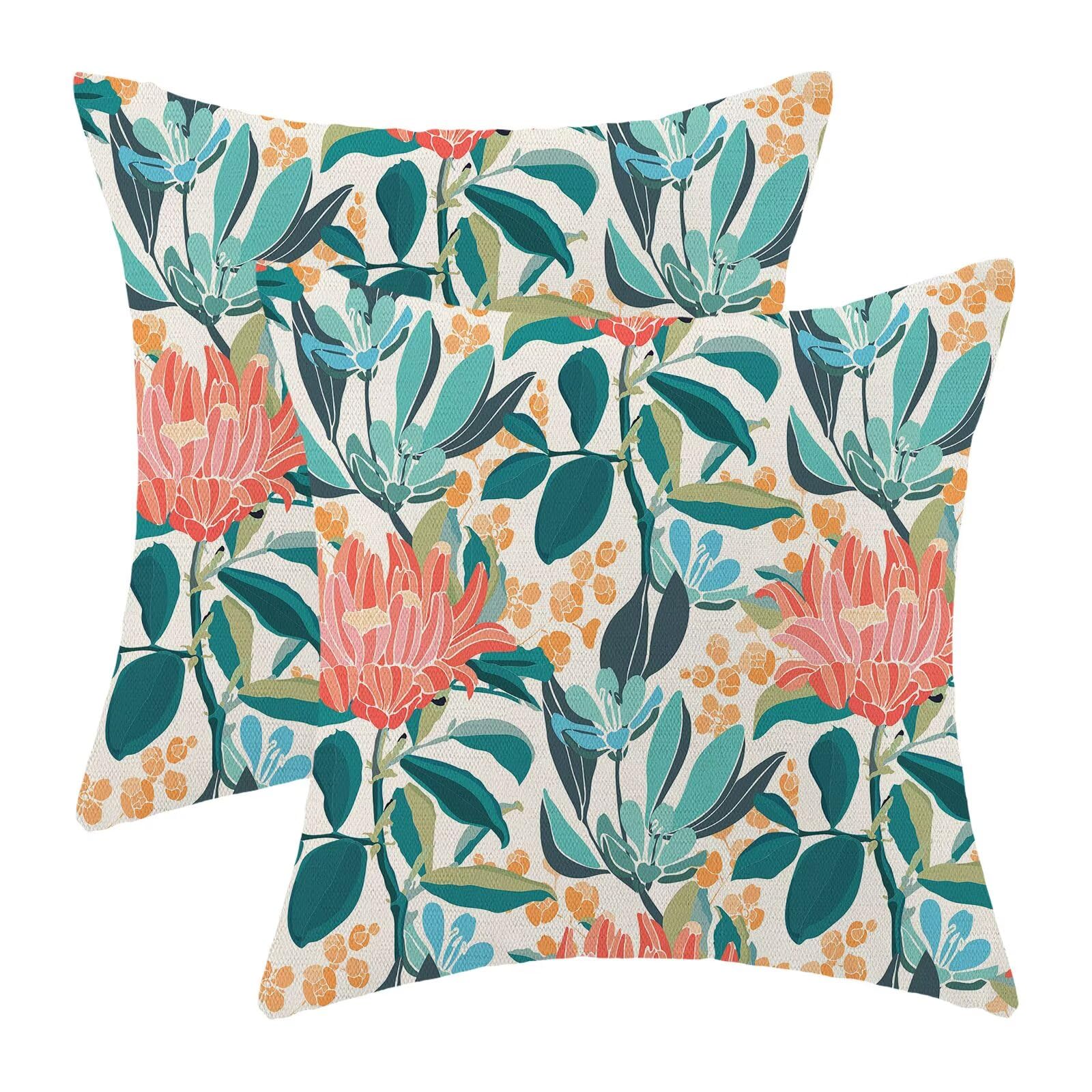 Juego de 2 fundas de almohada florales de coral de 20 x 20 pulgadas, color turquesa y naranja con flores decorativas para exteriores, color verde azulado, funda de cojín floral colorida para