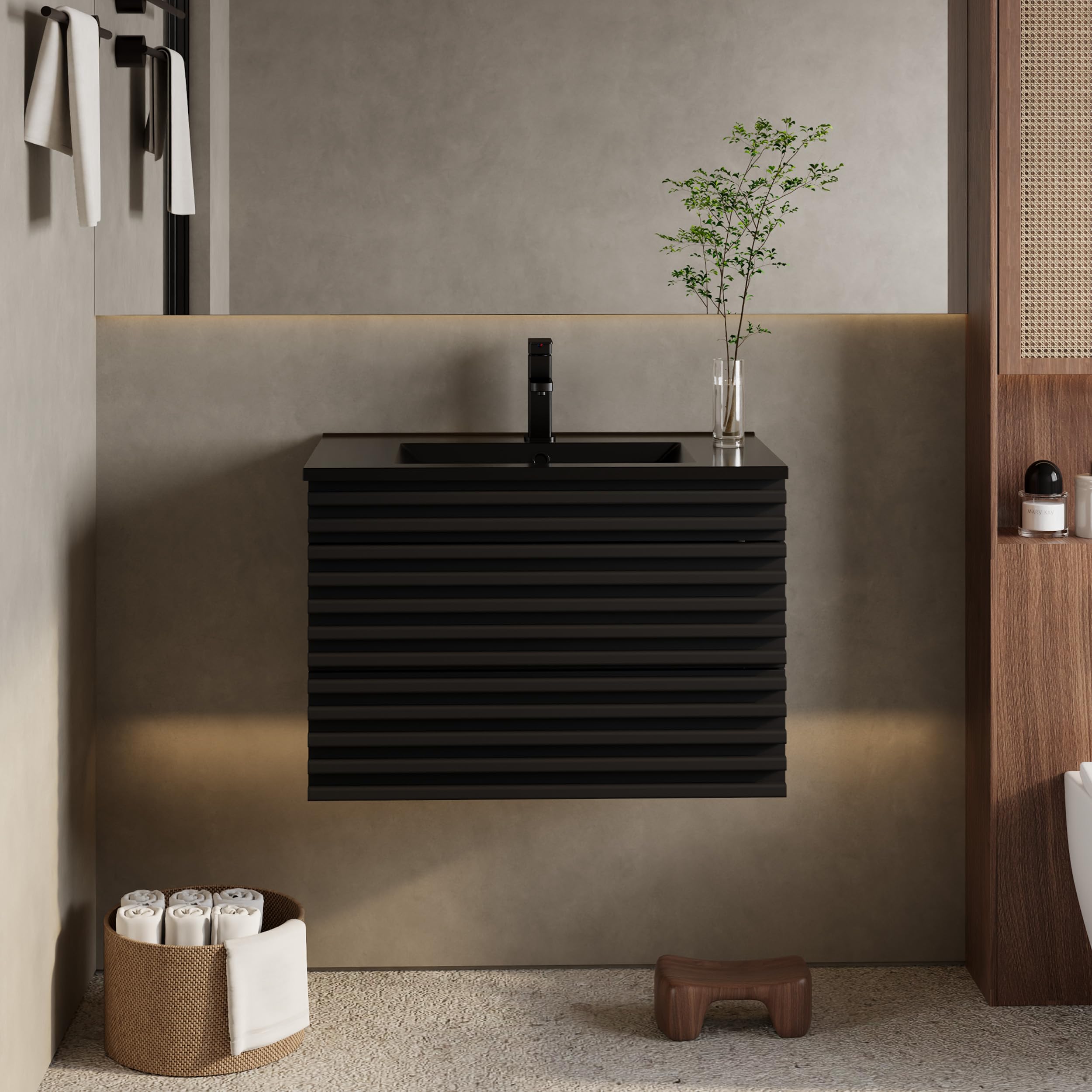 eclife 30" Floating Bathroom Vanity with Sink Combo, Mid-Century Wall Mounted Cabinet with Wood Stripes Decor, Drawers, Undermount Single Black Sink, Faucet, Drain, Black