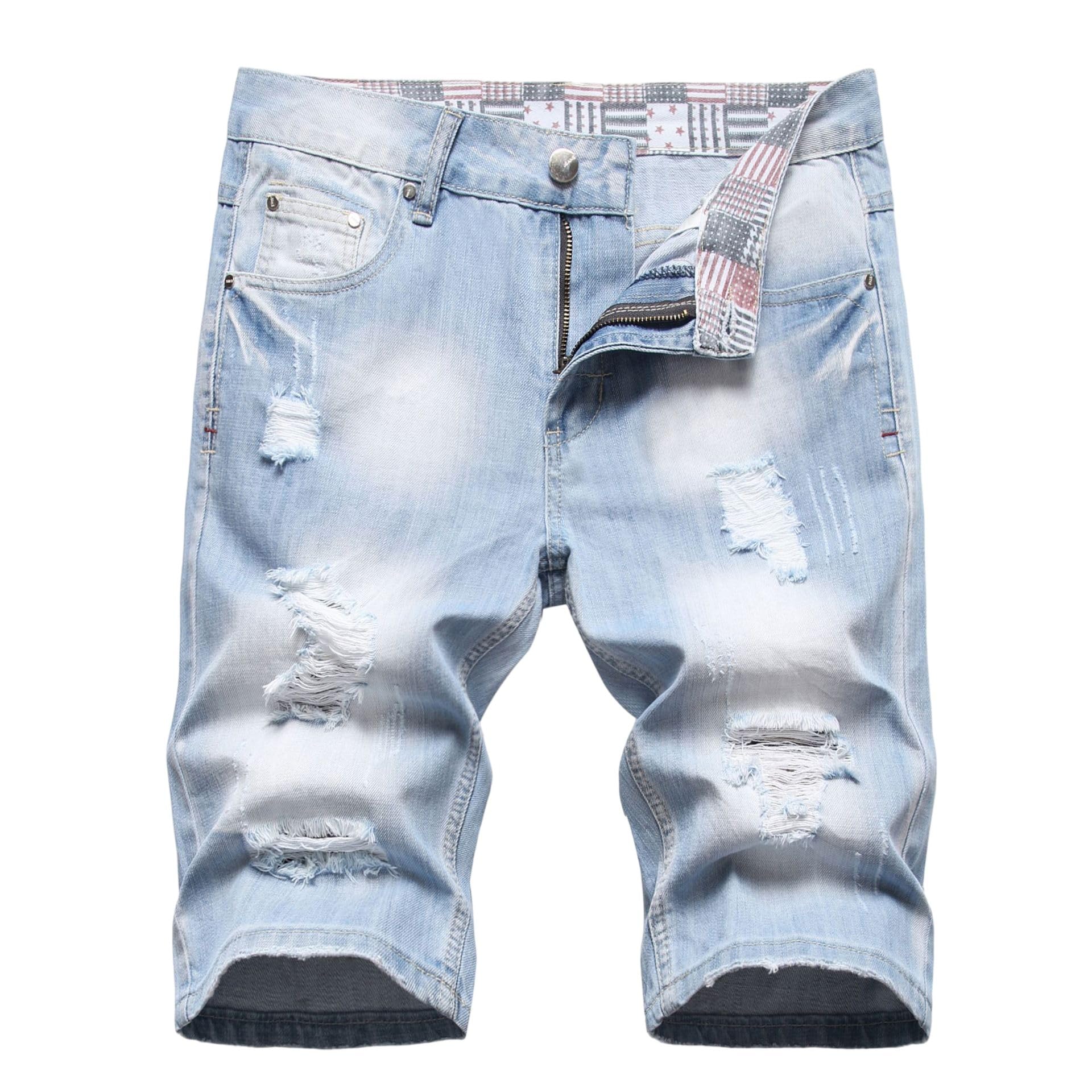 Pantalones cortos de mezclilla ligeros para hombre, ajuste recto, no elásticos, hasta la rodilla, pantalones cortos casuales