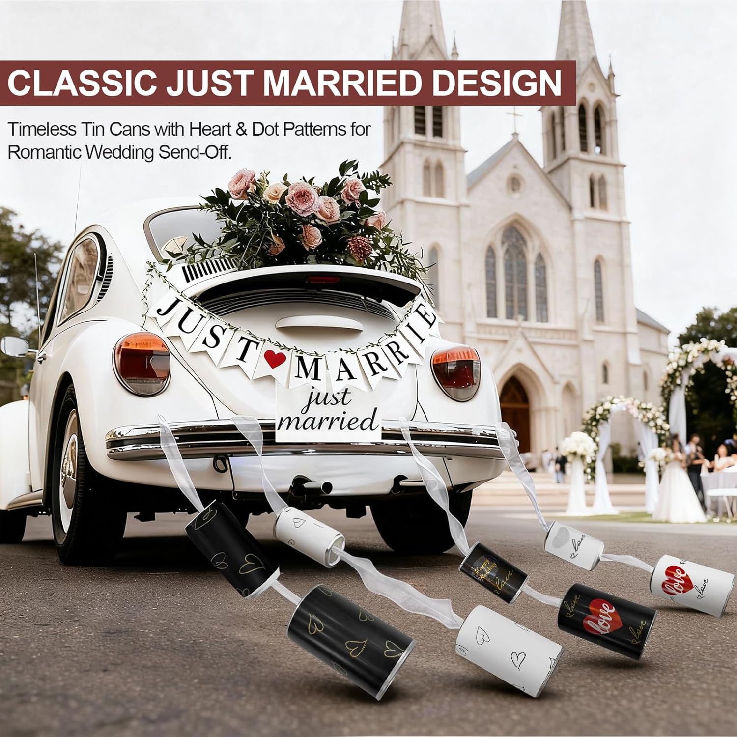 Just Married Car Cans Decorations Set of 8, Wedding Tail Tin Cans with Ribbon String for Newlywed Getaway, Rustic Wedding Back Decoration Supplies