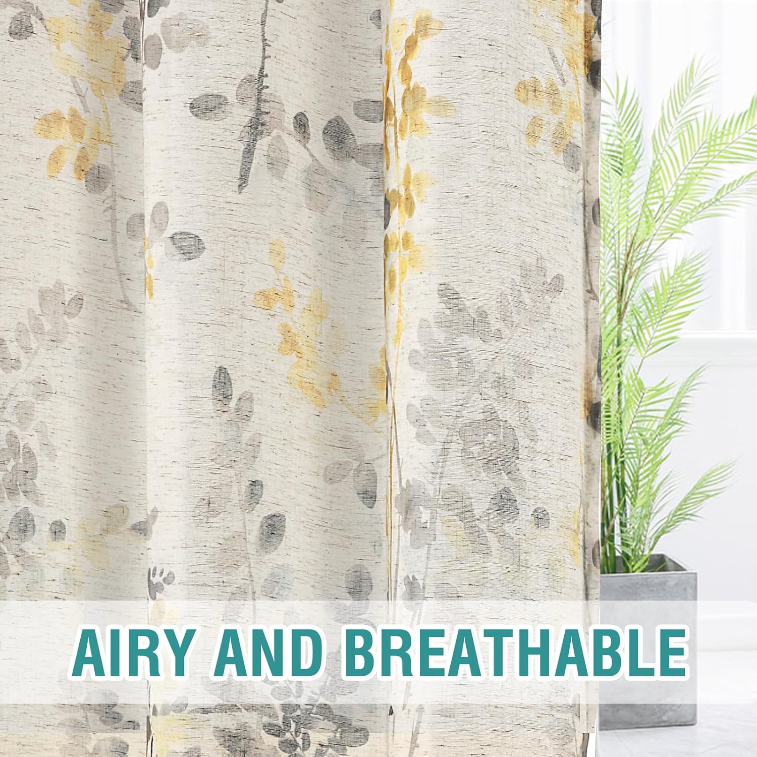 Printing Semi Sheer Curtains Sheer Linen Curtains 84 Inch Long for Living Room Bedroom Classical Floral Printing Window Treatment Grommet 2 Panels (Grey/Yellow, 52''Wx 63''L)