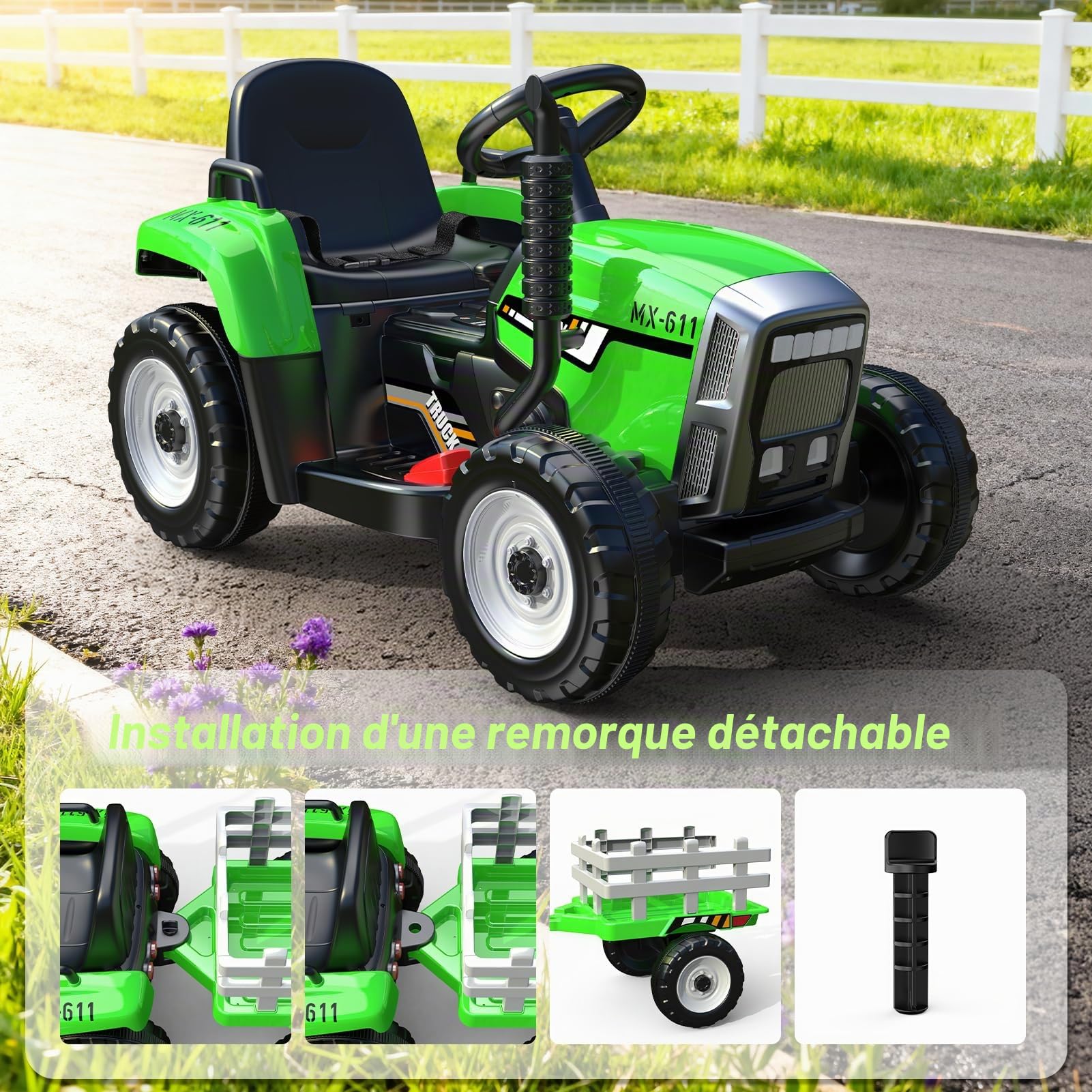 Jouet à partir de 3-12 ans : Tracteur électrique avec remorque amovible - Tracteur jouet électrique télécommandé pour enfants de 3-12 ans, véhicule électrique pour enfants 12V, cadeau pour enfants à