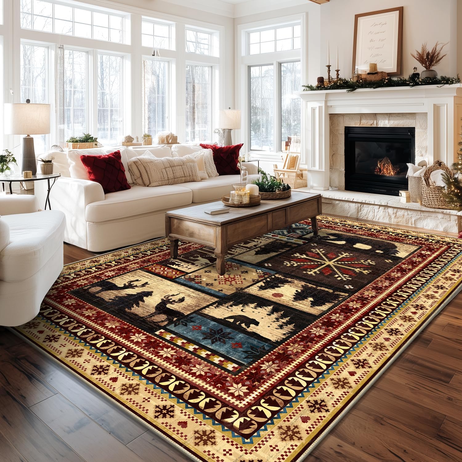 LOKHOM Bear Area Rug, 6x9 Non-Slip Cabin Washable Living Room Rug with Rubber Backing, Low Pile Soft Vintage Western Buffalo Bear Large Bedroom Rug Floor Carpet for Bedroom Kids Dining Room