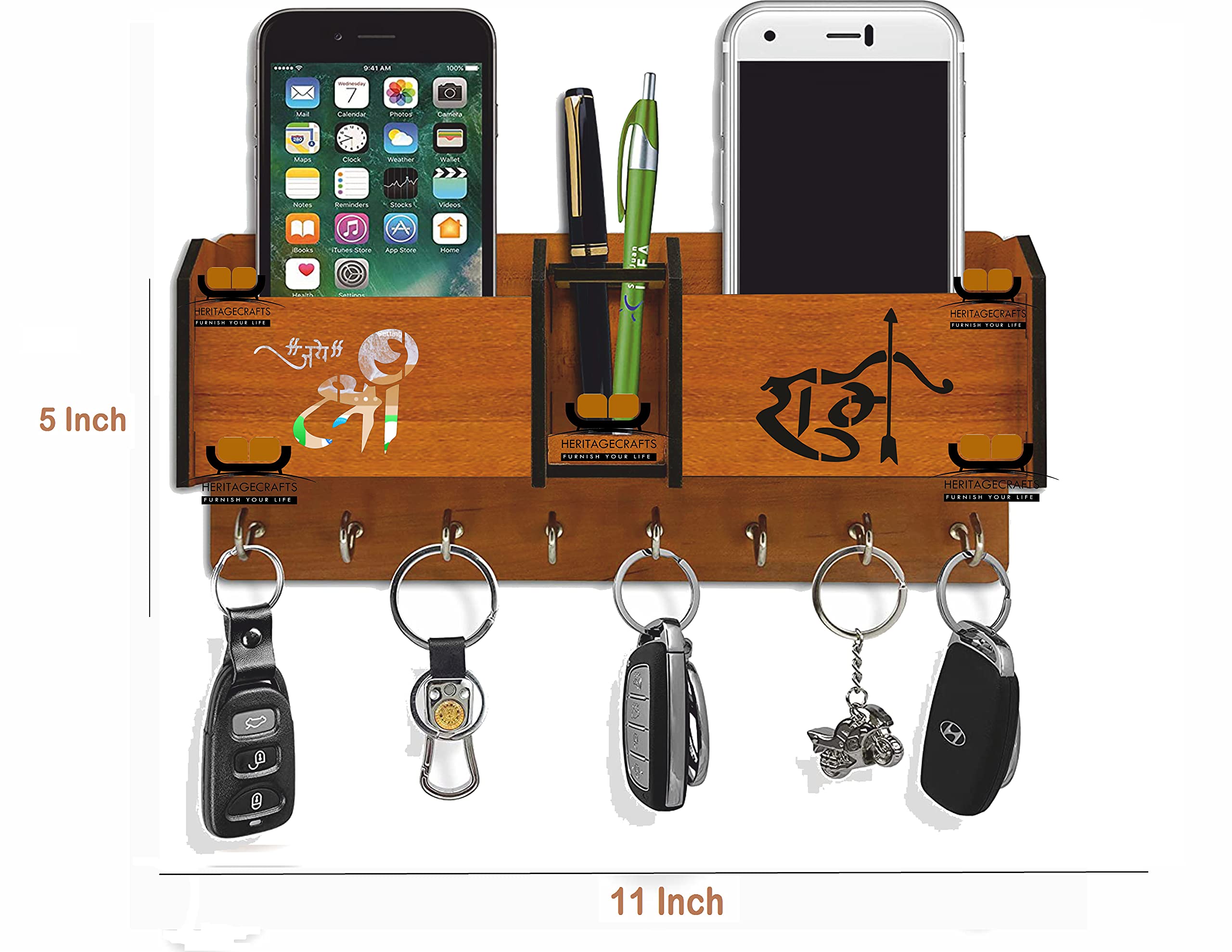 Wooden Pen & Key Holder - 8 Hooks, Stylish Storage -2