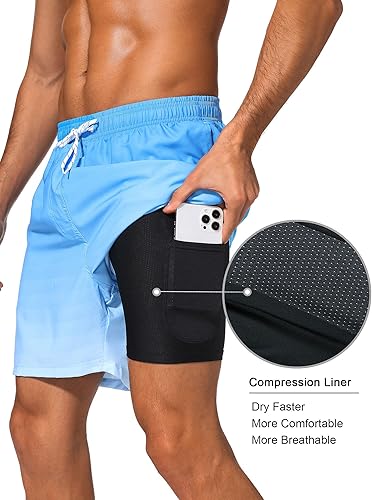 Miniatura 2 de SILKWORLD Traje de baño para hombre con forro de compresión 2 en 1, de secado rápido, pantalones cortos de playa con bolsillos con cremallera