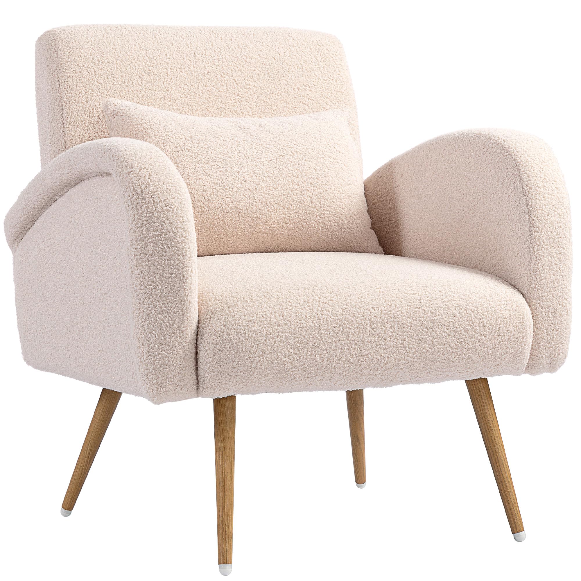 HOMCOM Poltrona per Salotto Imbottita, Poltroncina da Camera in Tessuto Teddy con Cuscino Lombare, Poltrona da Lettura con Gambe Effetto Legno in Metallo per Soggiorno e Studio, 77x77x83 cm, Beige