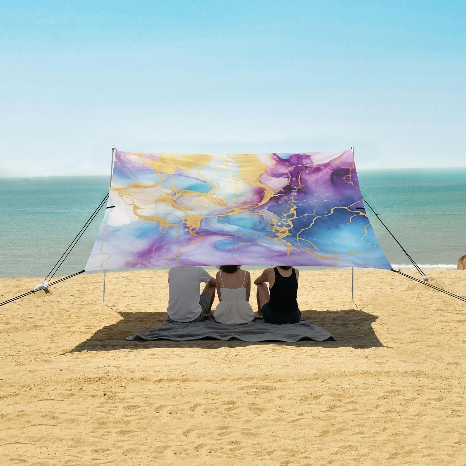 Purple Gold Blue Marble Camping Sun Shelter, Beach Tent Portable Beach Sun Shade Outdoor Canopy for Camping Trips Fishing Picnic