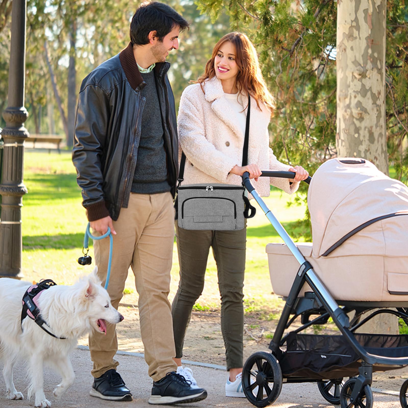 Organisateur de Poussette Universel Oxford 600D Imperméable, Sac de Rangement Poussette Grande Capacité 32x16x18,5 cm, Sac à Langer Bébé avec 2 Porte-Gobelets Isothermes, Bandoulière & Crochet (Gris)