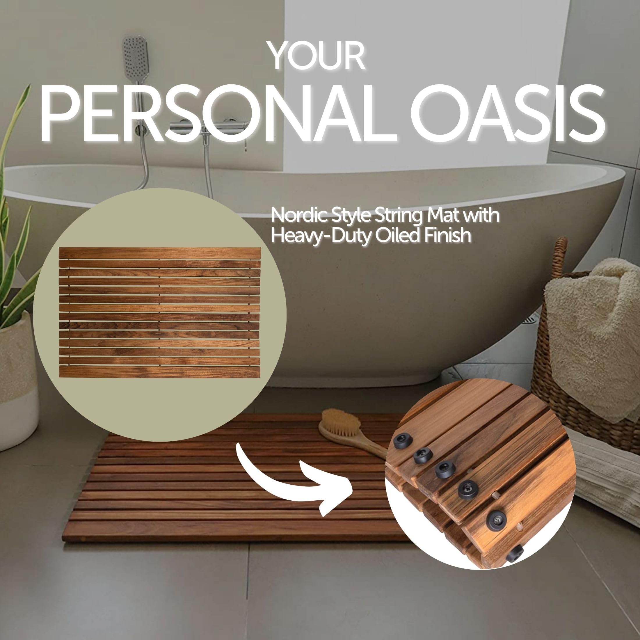 Nordic Teak Saitenmatte aus 100% massivem Teakholz, für den Innen- und Außenbereich, rutschfeste Holzplattform für Sauna, Pool, Whirlpool, Bodenbelag, Dekor und Schutz (geölte Oberfläche, 79,8 x 49,8
