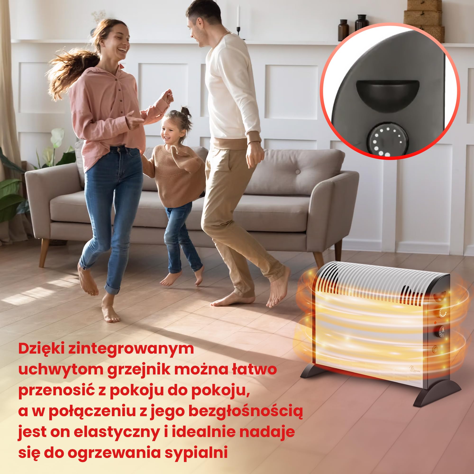 Grzejnik elektryczny 2000W, 3 tryby grzania, tryb turbo, grzejnik konwektorowy, termostat, wentylator, ogrzewanie elektryczne, Kompaktowy rozmiar, Zabezpieczenie przed przegrzaniem, Wyłącznik ochronny