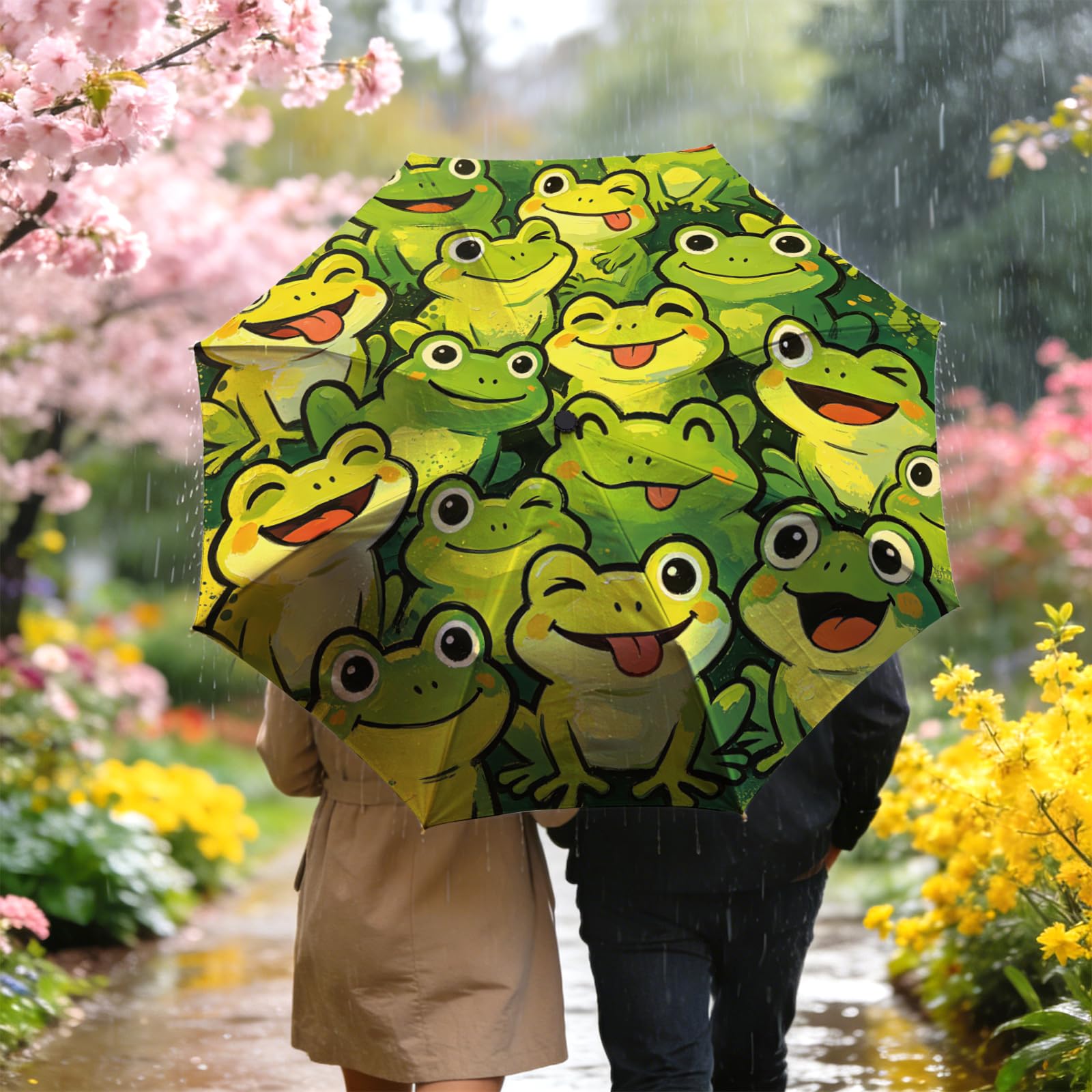 MAYJOYDIY Paraguas plegable automático de rana sonriente cartoon, grupo de ranas lindo, paraguas de viaje a prueba de viento 107cm paraguas compacto para mujeres hombres protección lluvia sol
