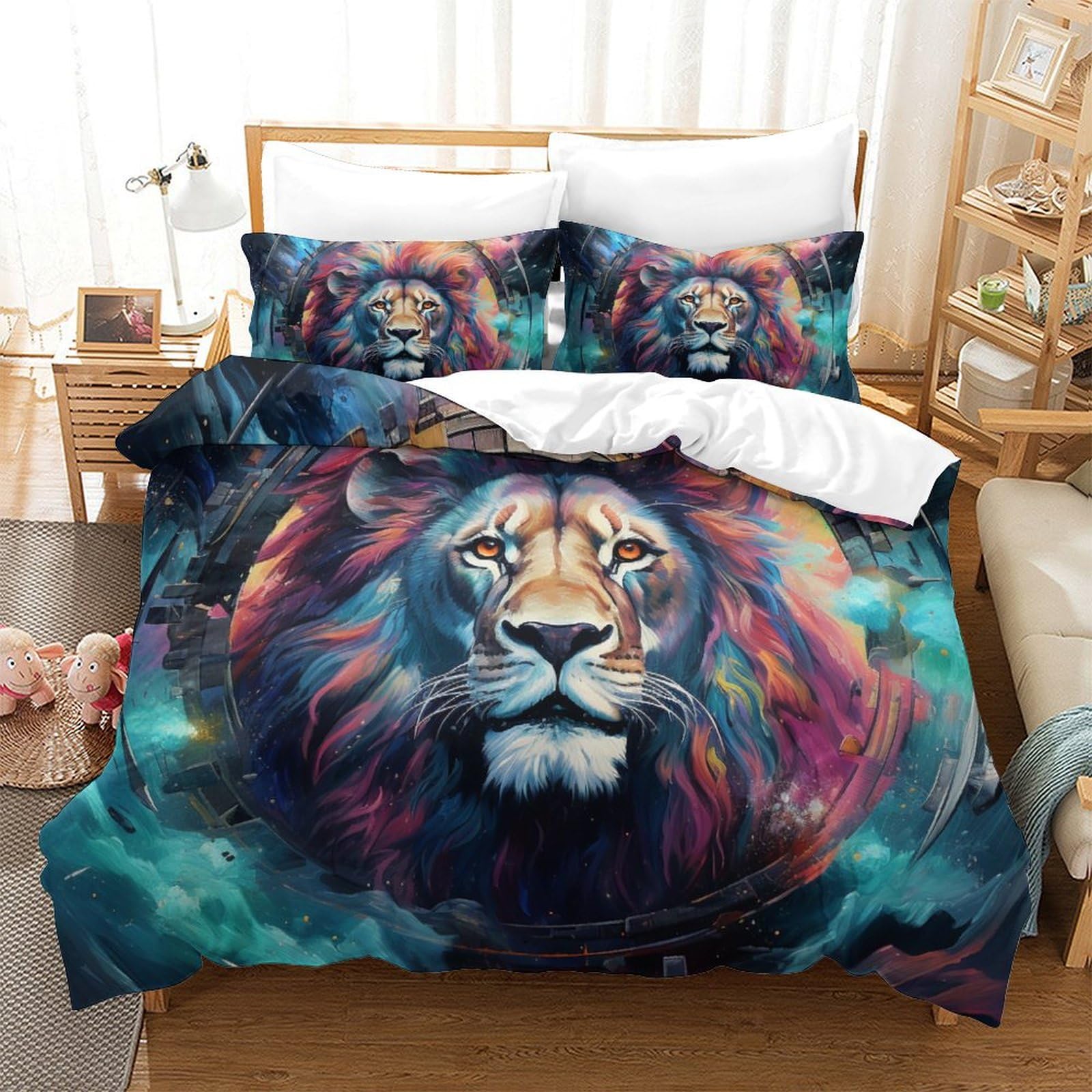 Housse de couette lion 3D pour chambre d'enfant et ado, grand lit Super King 260x220cm