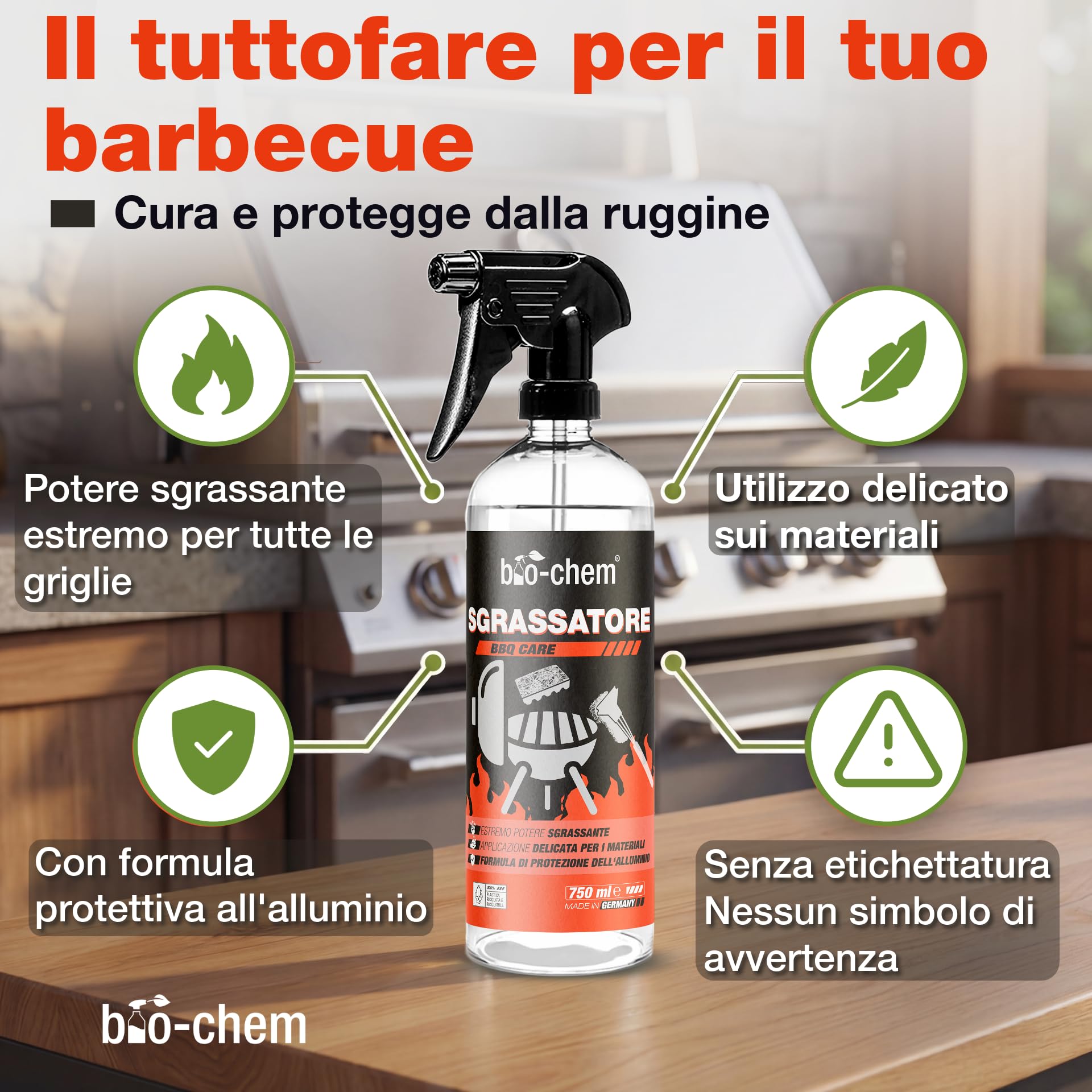 bio-chem - Detergente per Barbecue 750ml + Spazzola, Panno e Spugna - Spray per BBQ Pronto all'Uso, Ideale per L'Estate - Pulitore sgrassante per Griglie di Barbecue