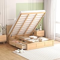 Vista 20 de RUNNA Elegante cama de plataforma de tamaño Queen con estantes extraíbles, cama de almacenamiento de madera con nido de tamaño individual