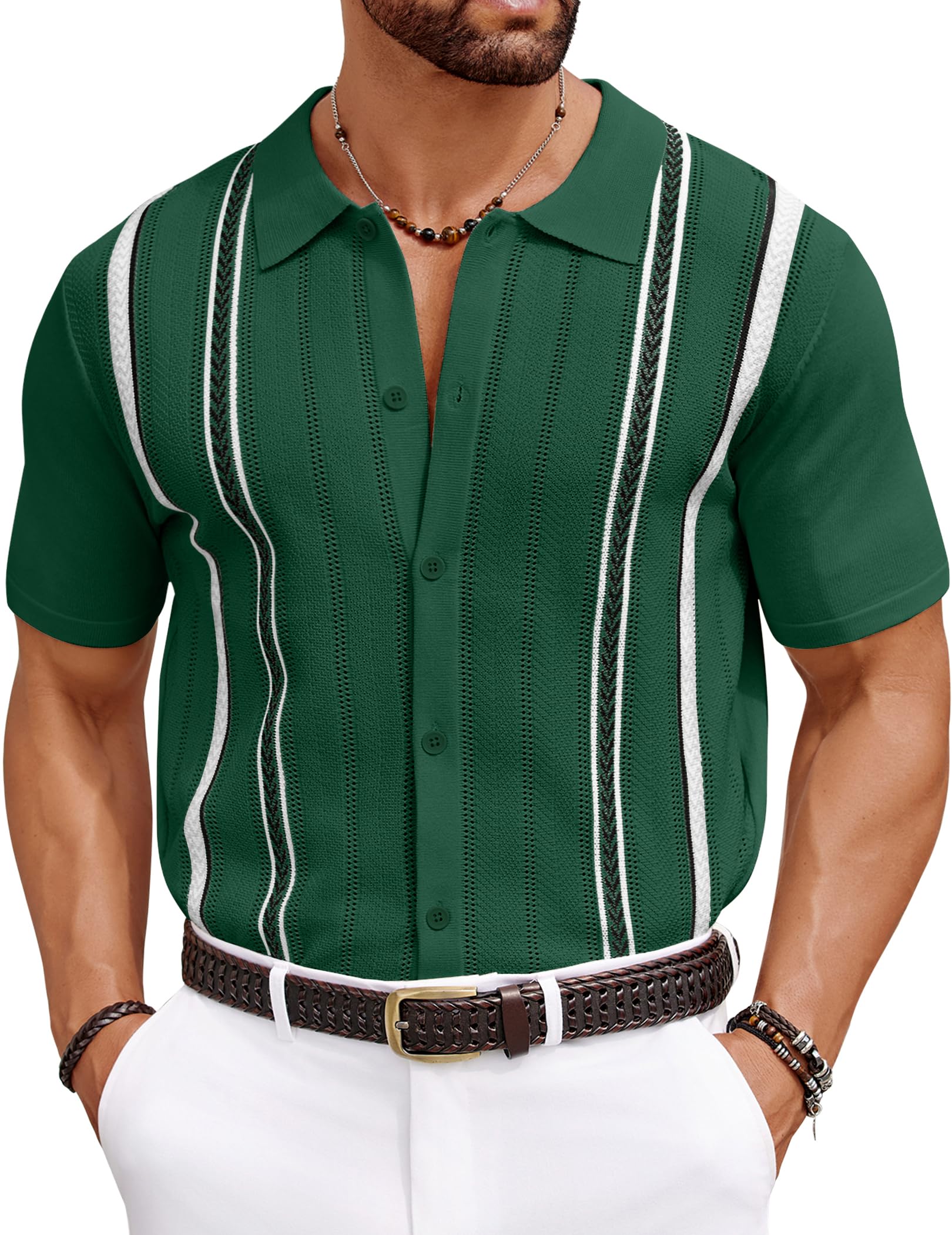 COOFANDY Knit Shirts for Men Casual Short Sleeve Button Down Shirts Summer Beach Stretch Fit Collared Shirts