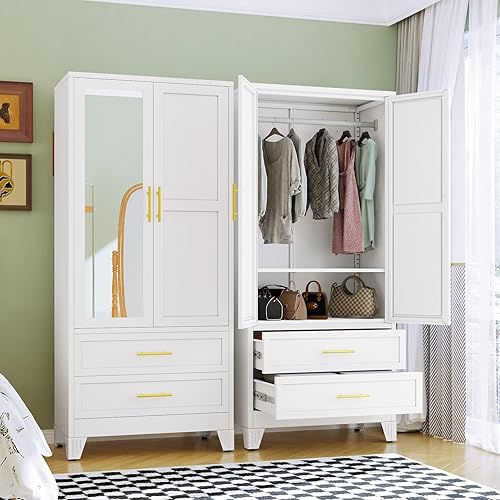 RIETERN Metal Armoire Wardrobe Closet, 71" Tall Bedroom Closet with Mirror, 2 Drawers, Adjustable Shelves, and Hanging Rod, Steel Clothes Closets and Storage, for Bedroom White