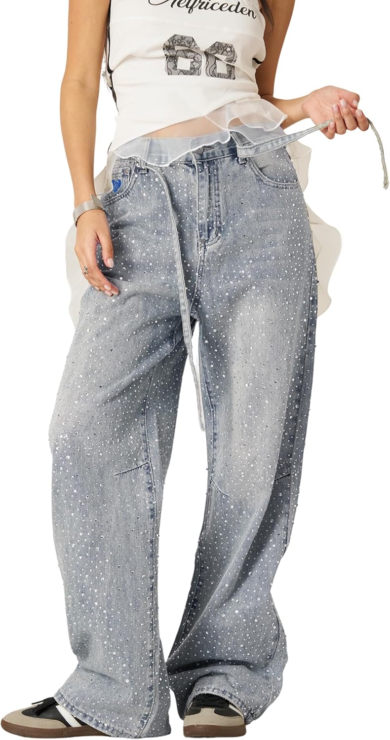 Aelfric Eden Womens Rhinestone Jeans Y2K Wide Leg Pants Unisex Loose Oversized Trousers Casual Baggy Streetwear Denim Pants