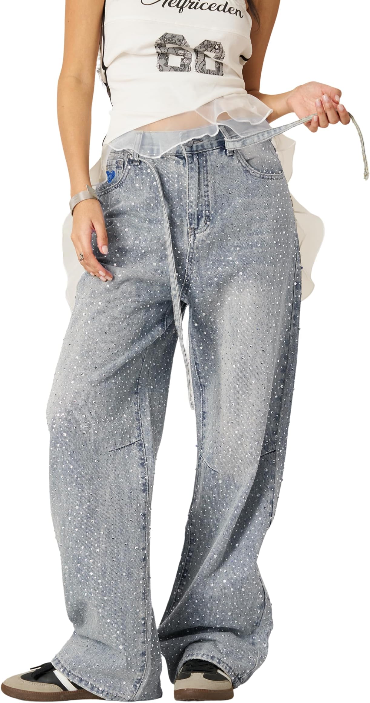 Womens Rhinestone Jeans Y2K Wide Leg Pants Unisex Loose Oversized Trousers Casual Baggy Streetwear Denim Pants